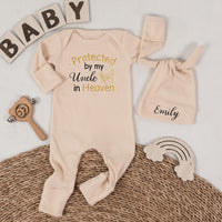 Protected by My Uncle in Heaven Baby Romper with Name Hat Custom Infant Outfit Sentimental Memorial Gift Butterfly Design Soft Cotton