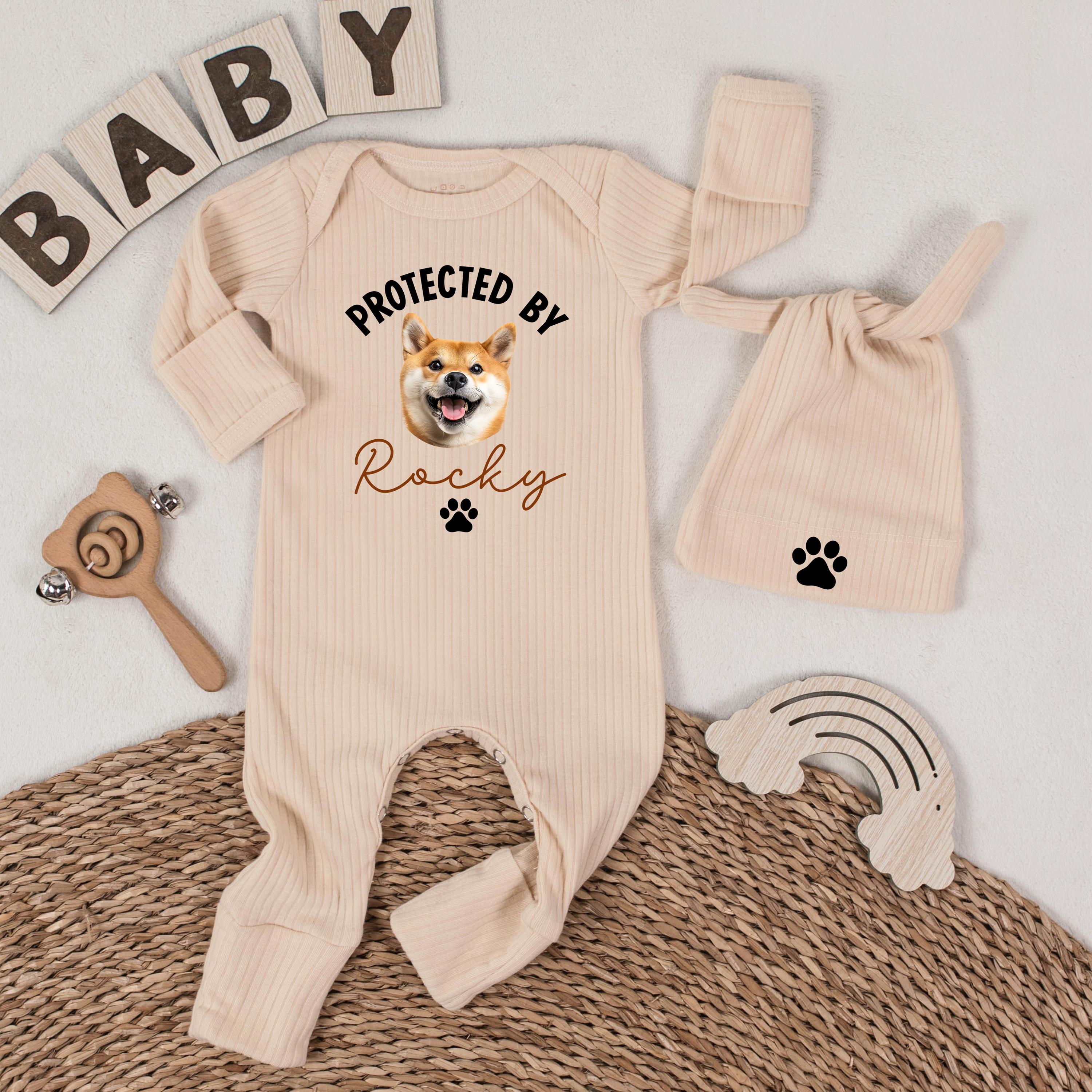 Protected by Pet Portrait Baby Bodysuit and Matching Hat Set, Custom Name Newborn Outfit, Personalized Baby Shower Gift