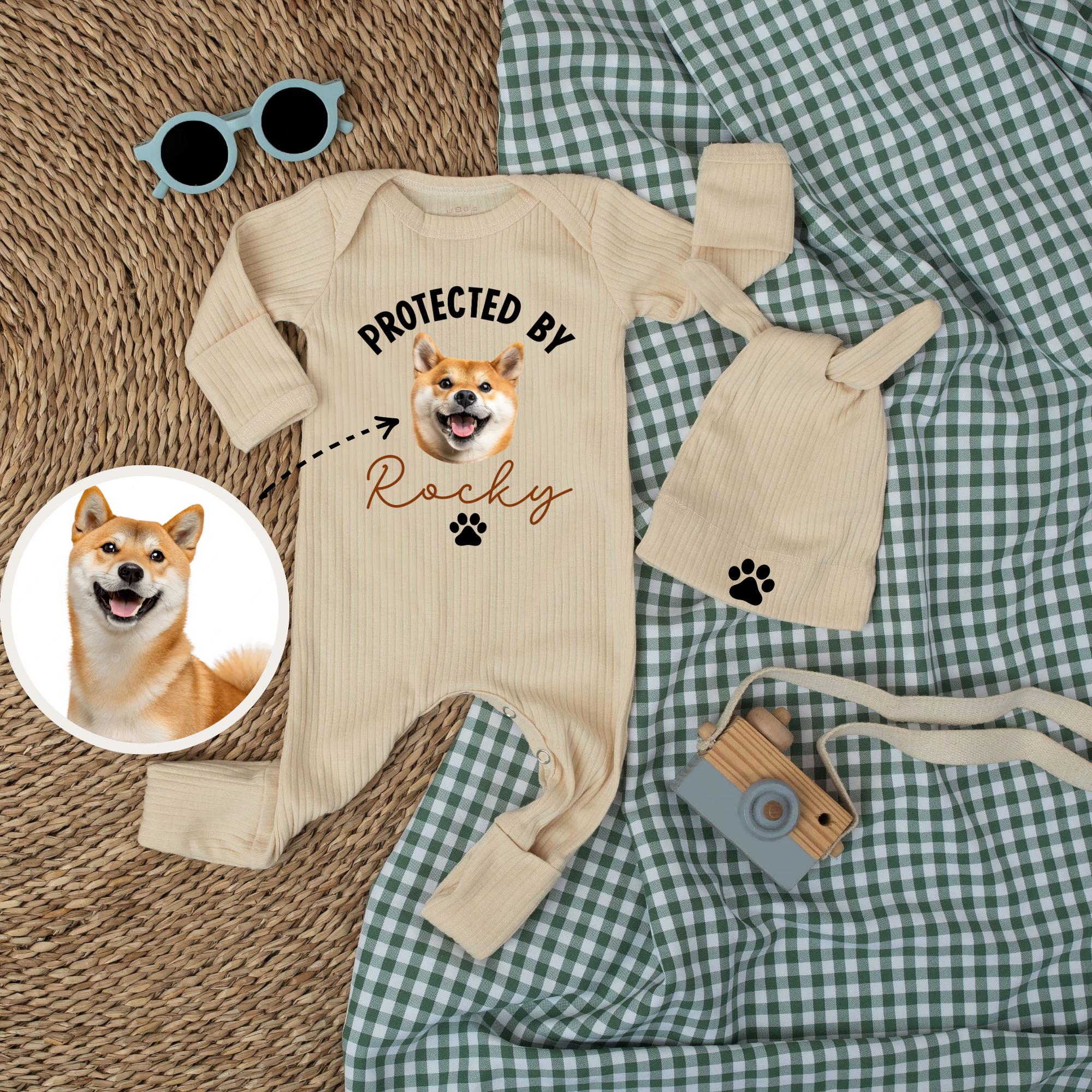Protected by Pet Portrait Baby Bodysuit and Matching Hat Set, Custom Name Newborn Outfit, Personalized Baby Shower Gift