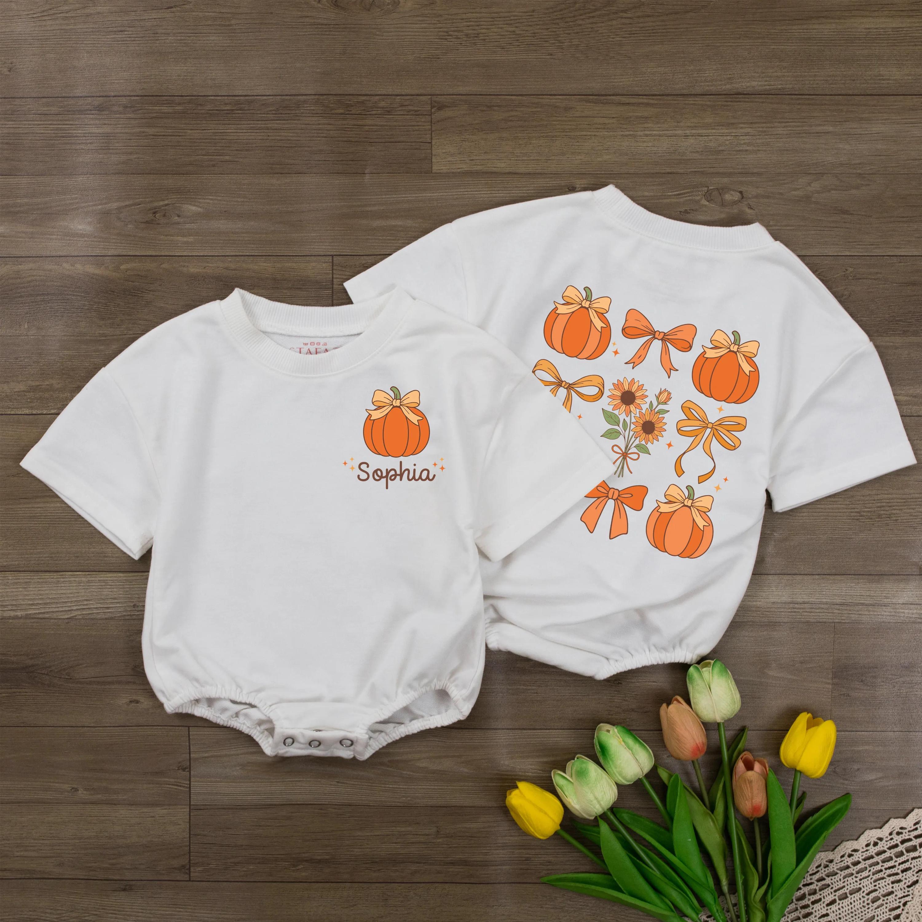 Pumpkin Bow Baby Romper with Custom Name, Autumn Floral Graphic Outfit for Fall Photos, Thanksgiving Baby Shower Gift