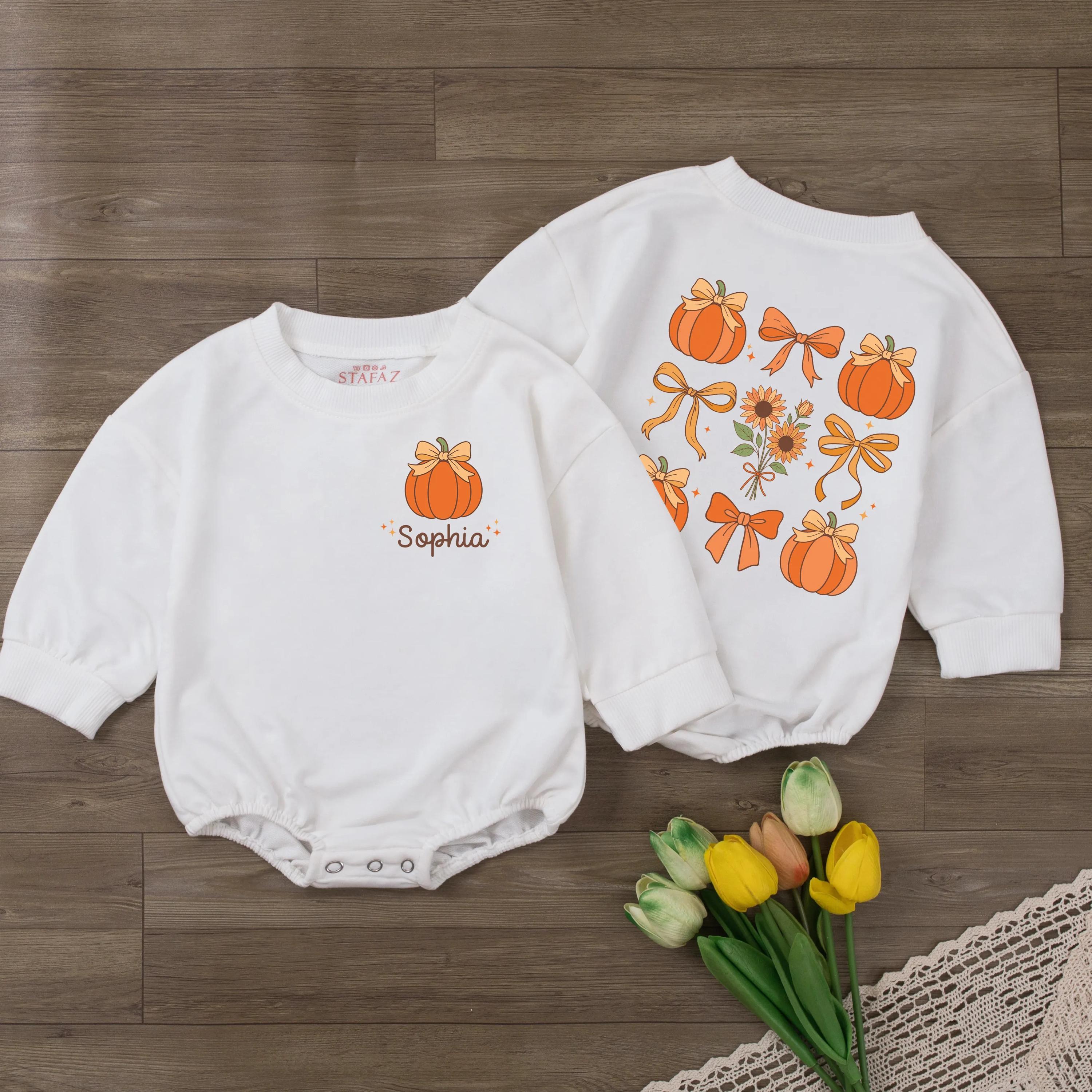 Pumpkin Bow Baby Romper with Custom Name, Autumn Floral Graphic Outfit for Fall Photos, Thanksgiving Baby Shower Gift