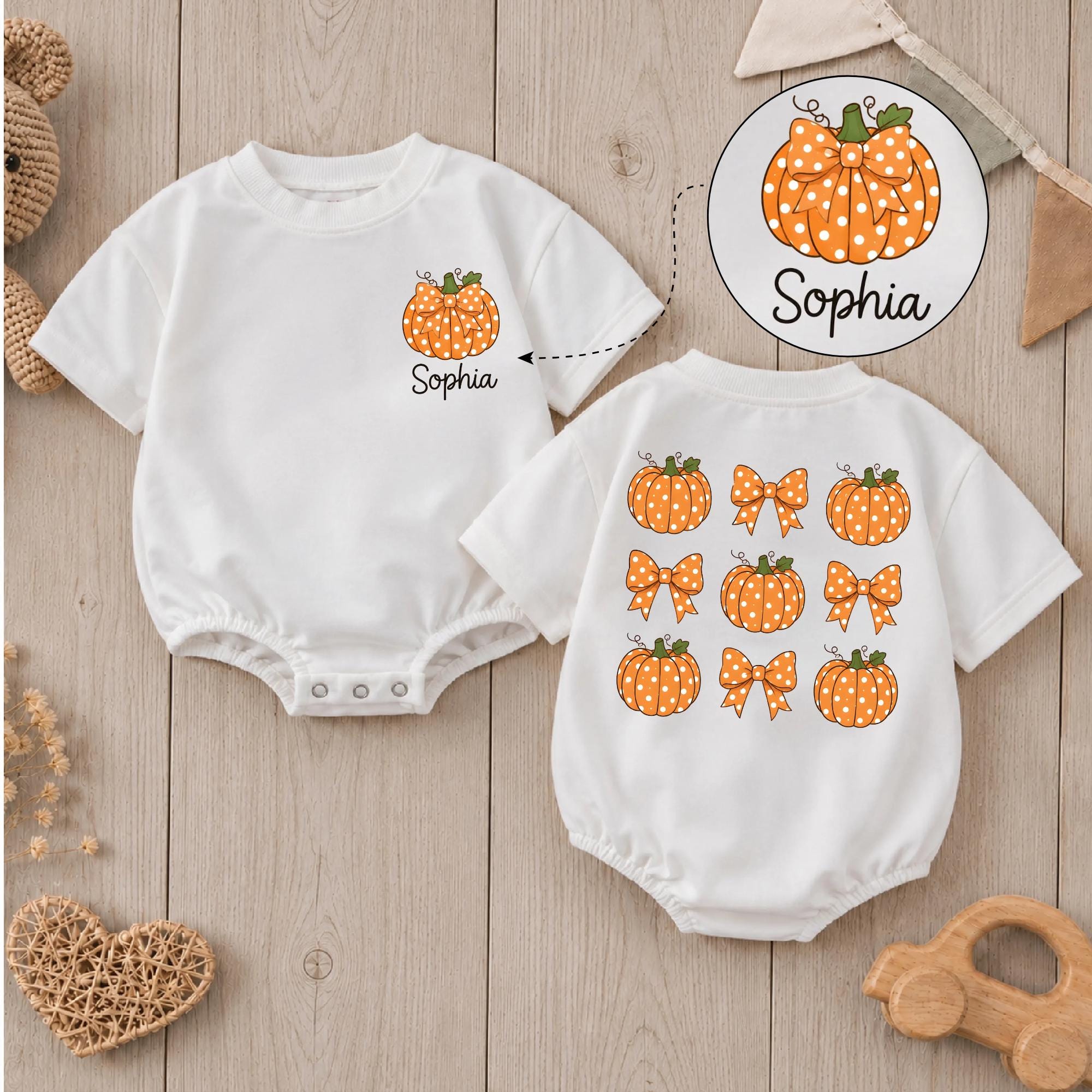 Pumpkin Bow Baby Romper with Custom Name, Fall Harvest Infant Outfit, Adorable Pumpkin Patch Baby Girl Clothes for Autumn