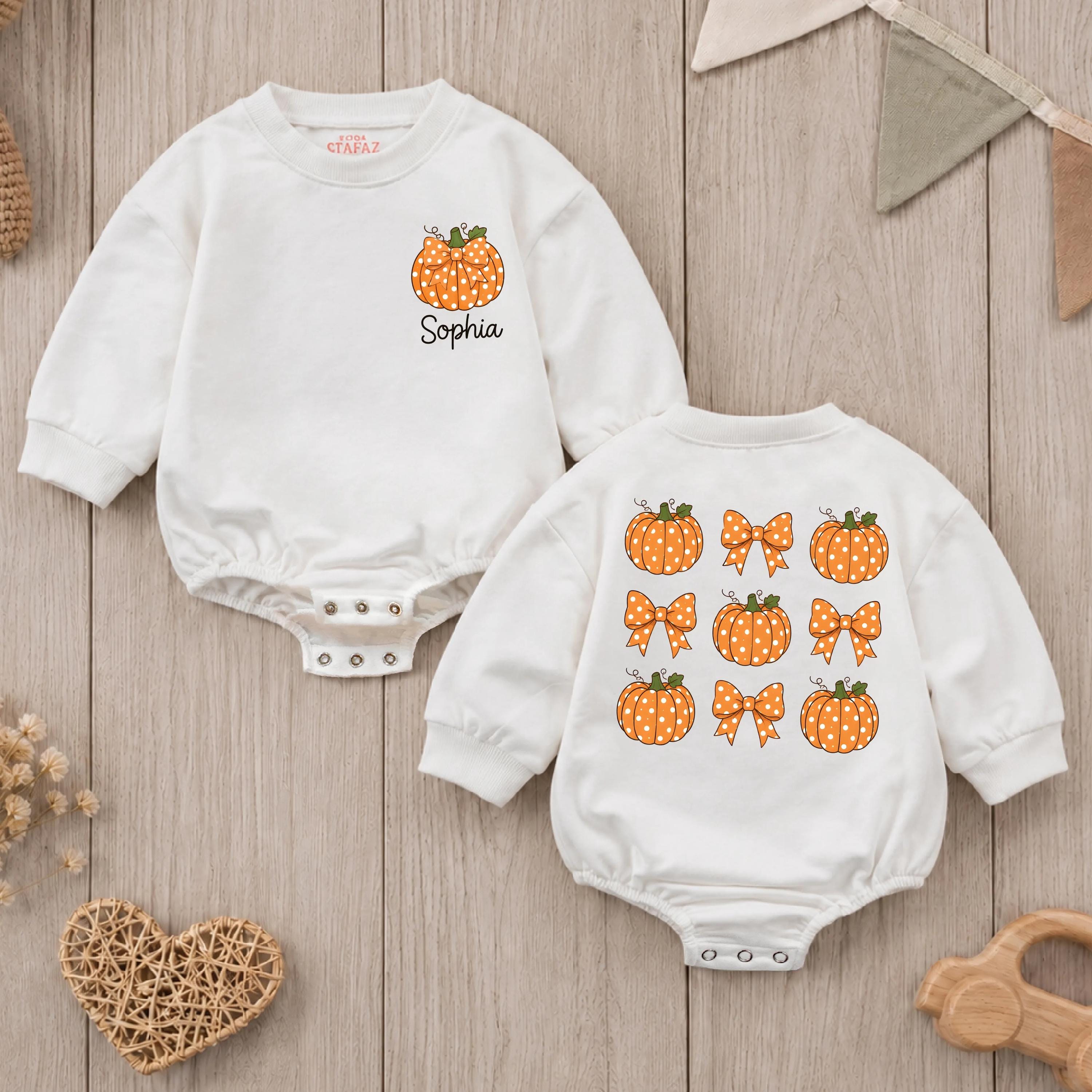 Pumpkin Bow Baby Romper with Custom Name, Fall Harvest Infant Outfit, Adorable Pumpkin Patch Baby Girl Clothes for Autumn