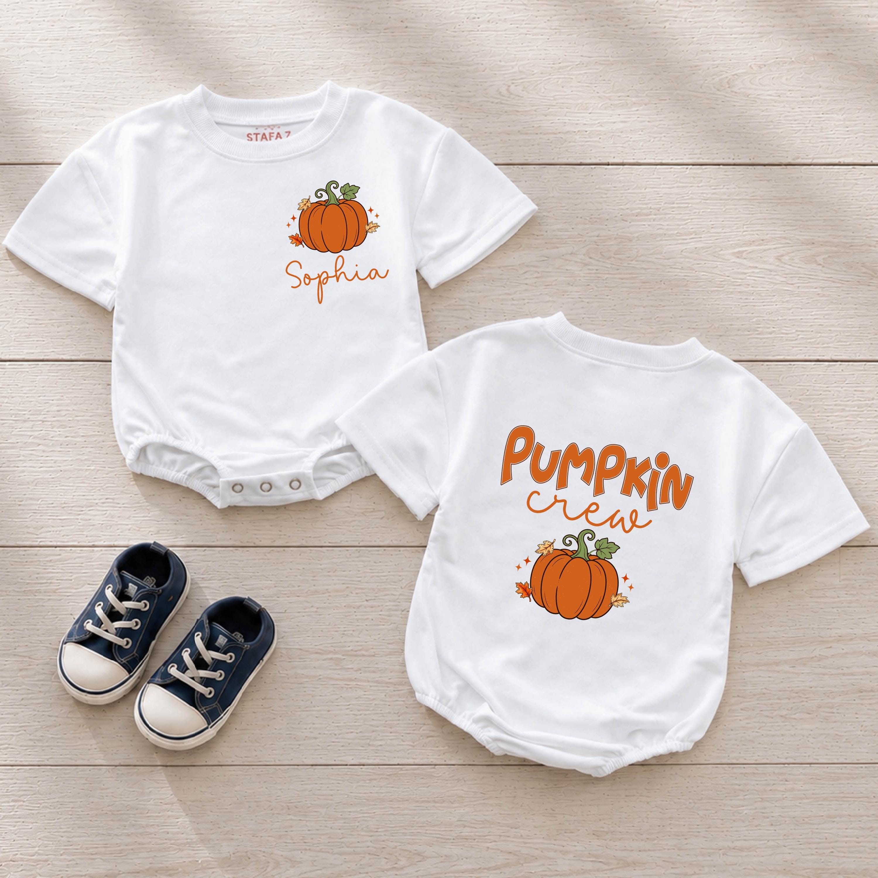 Pumpkin Crew Baby Romper with Custom Name, Cute Fall Pumpkin Baby Outfit, Halloween or Thanksgiving Baby Shower Gift
