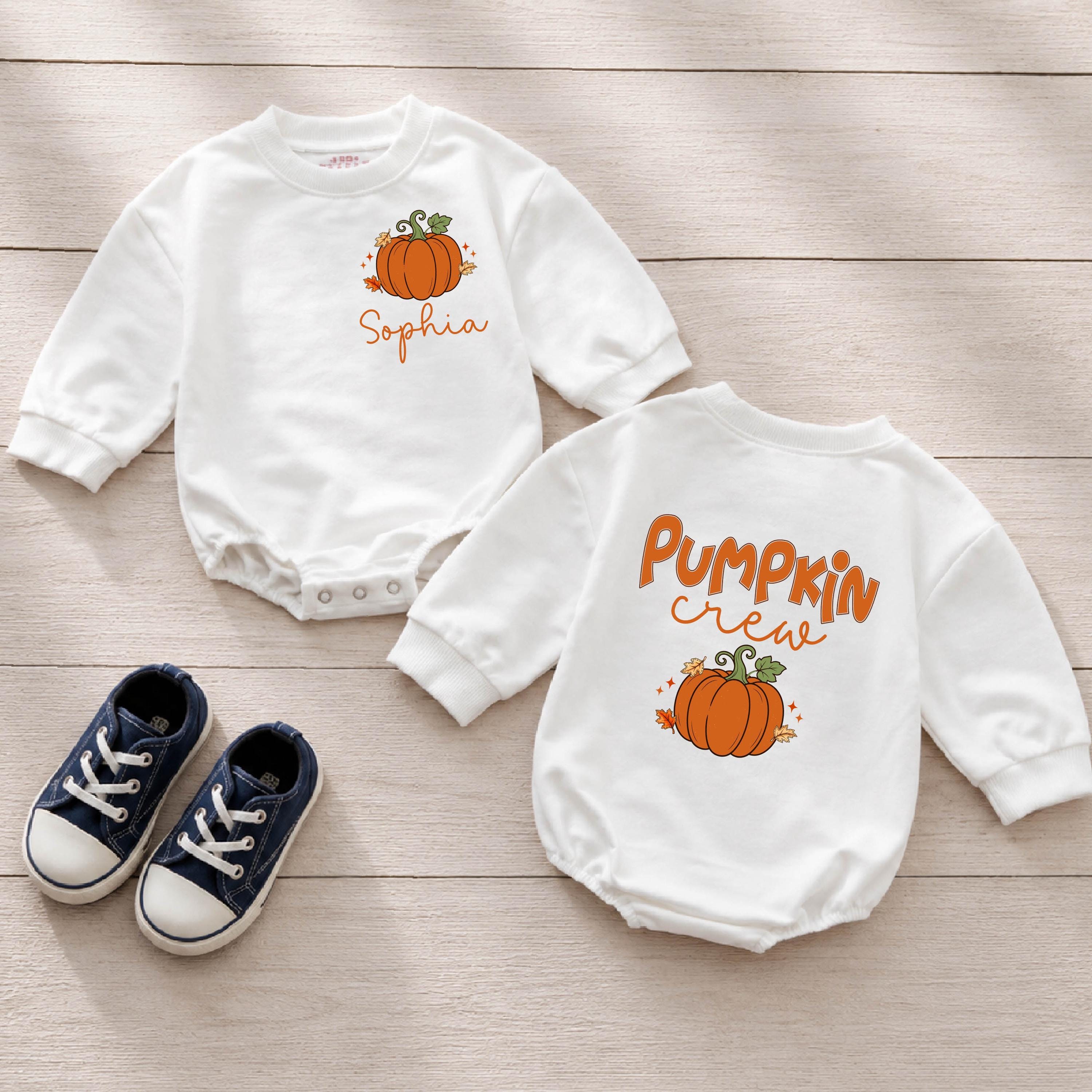 Pumpkin Crew Baby Romper with Custom Name, Cute Fall Pumpkin Baby Outfit, Halloween or Thanksgiving Baby Shower Gift