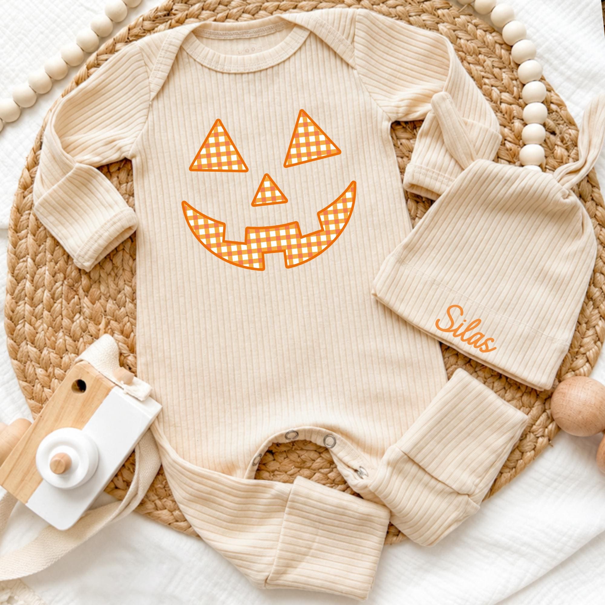 Pumpkin Face Baby Bodysuit and Hat Set with Custom Name, Halloween Newborn Coming Home Outfit, Spooky Season Infant Clothes