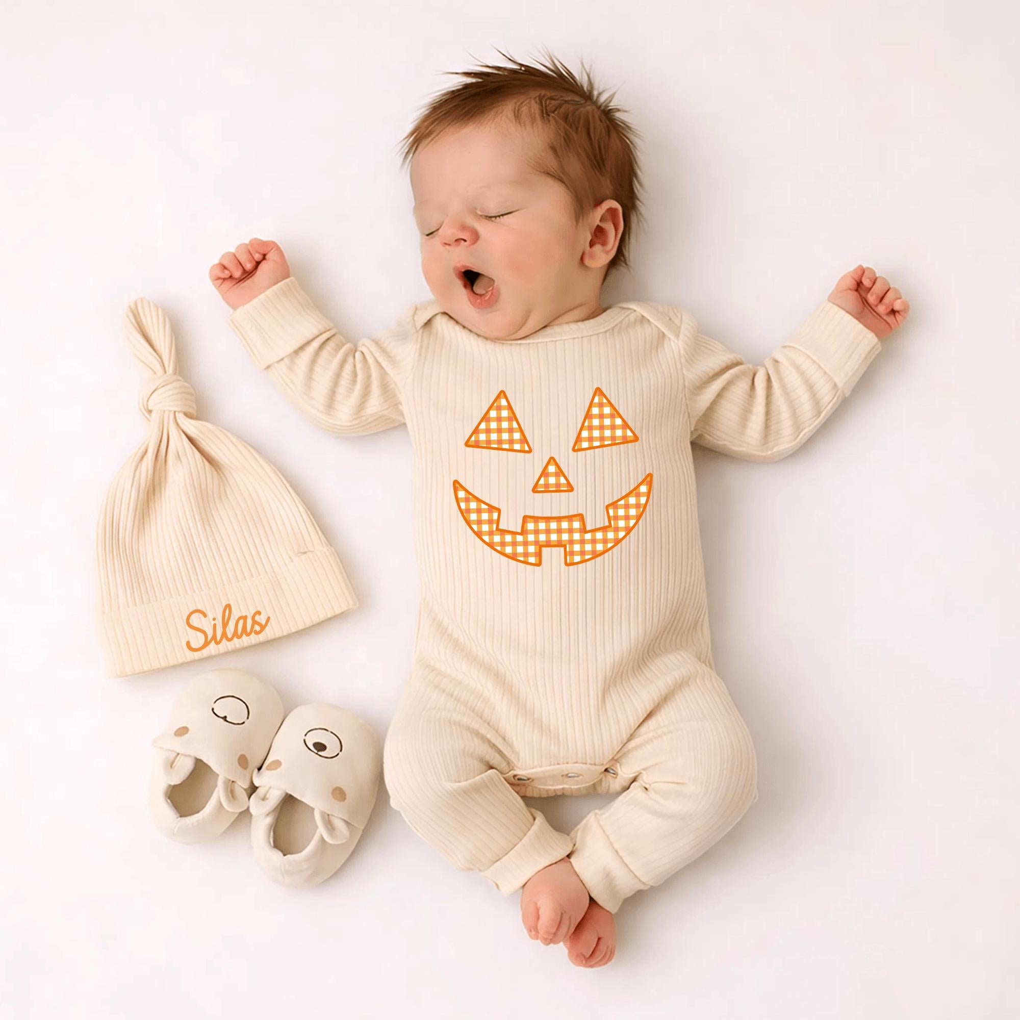 Pumpkin Face Baby Bodysuit and Hat Set with Custom Name, Halloween Newborn Coming Home Outfit, Spooky Season Infant Clothes