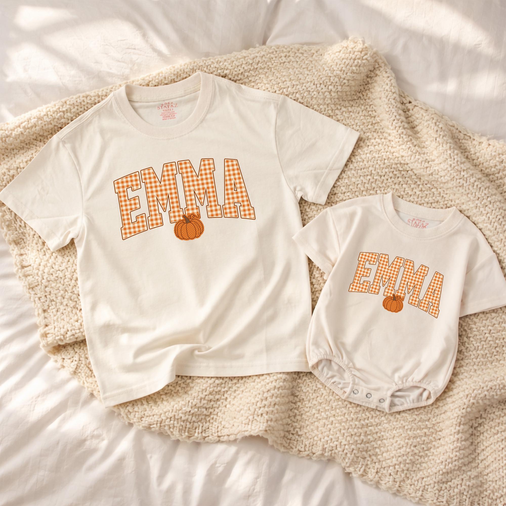 Pumpkin Gingham Baby Romper and Matching Family Shirt with Custom Name, Fall Newborn Outfit for Halloween or Pumpkin Patch