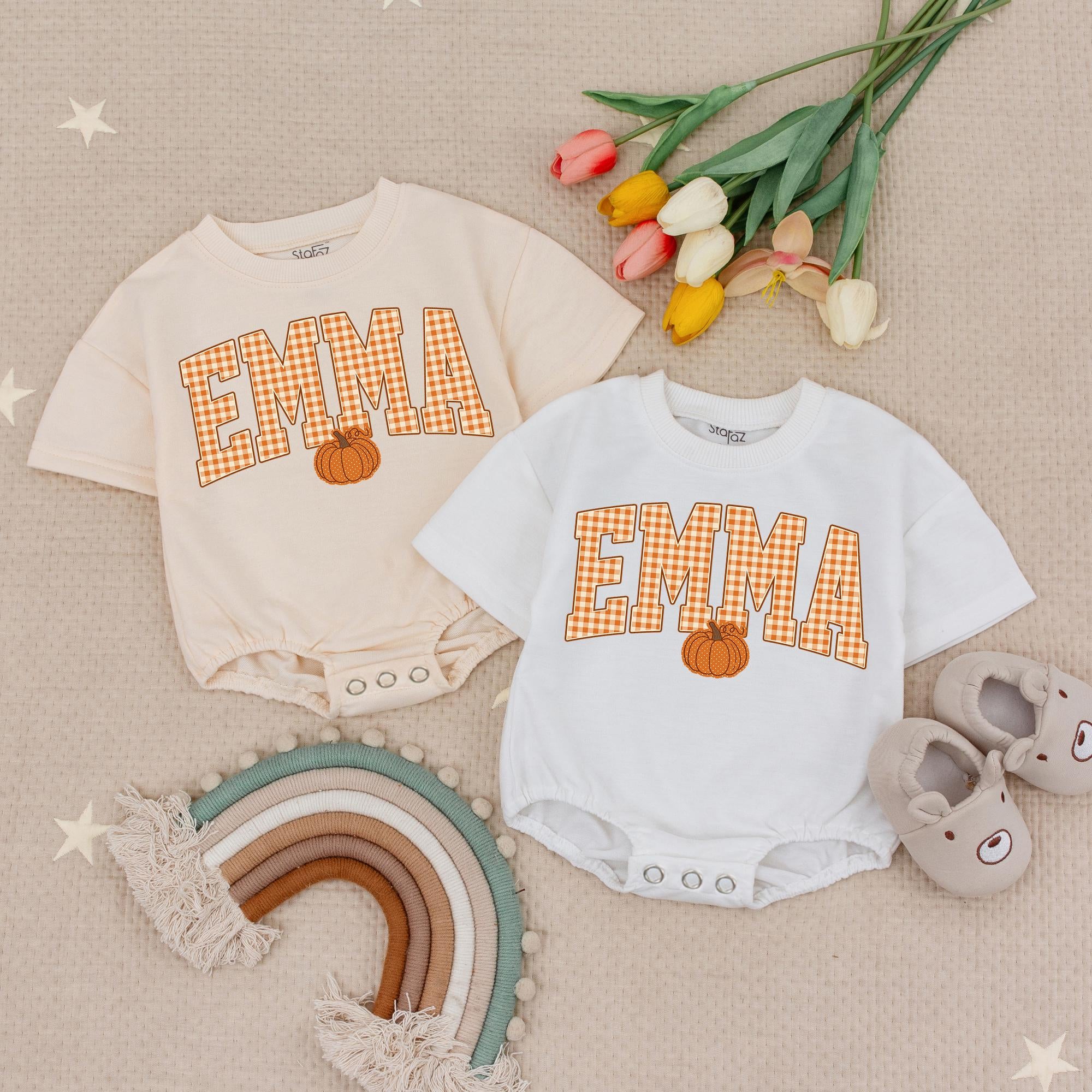 Pumpkin Gingham Baby Romper and Matching Family Shirt with Custom Name, Fall Newborn Outfit for Halloween or Pumpkin Patch