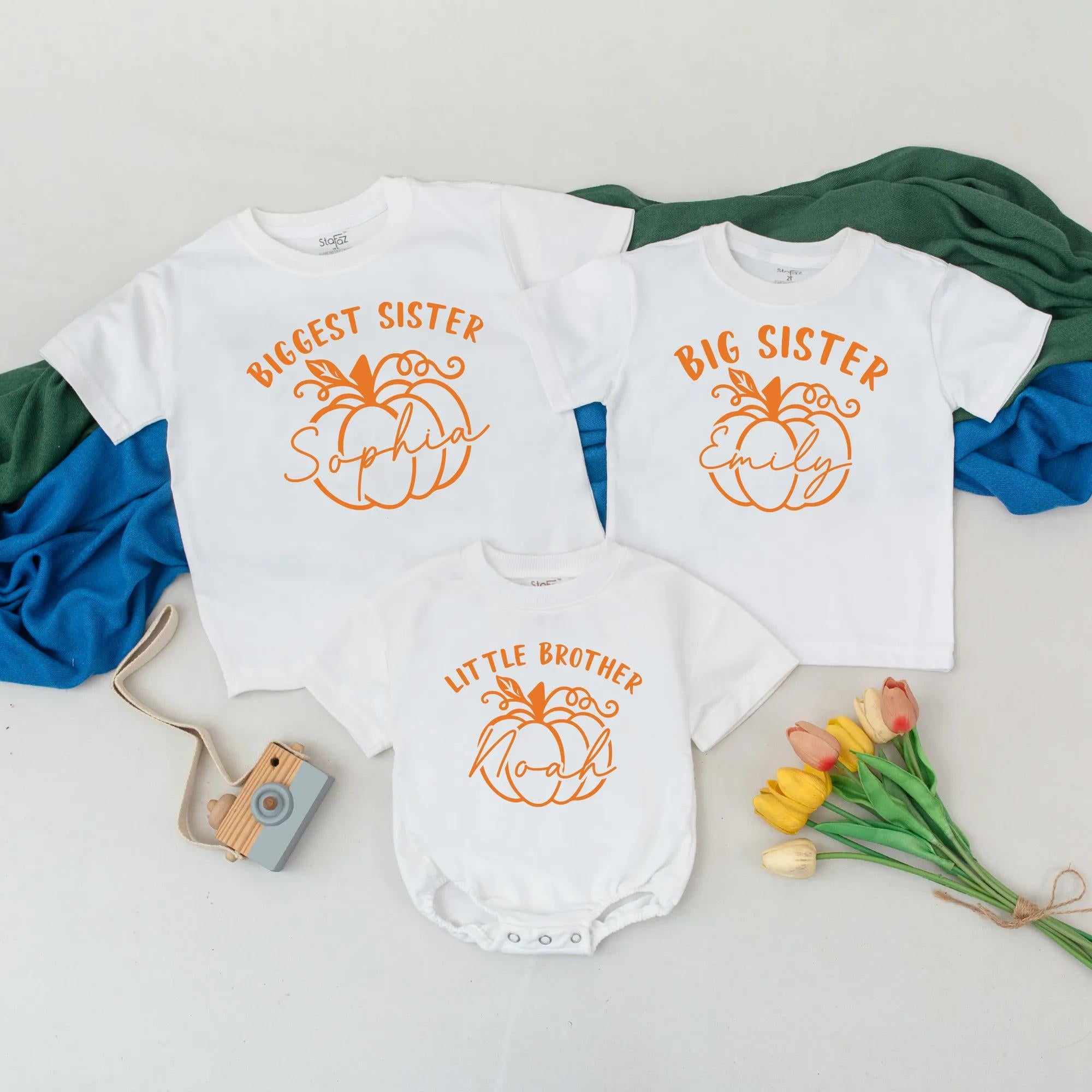 Pumpkin Matching Sibling Outfits with Custom Names, Biggest Sister, Big Sister, Little Brother Fall Shirts, Autumn Family Apparel
