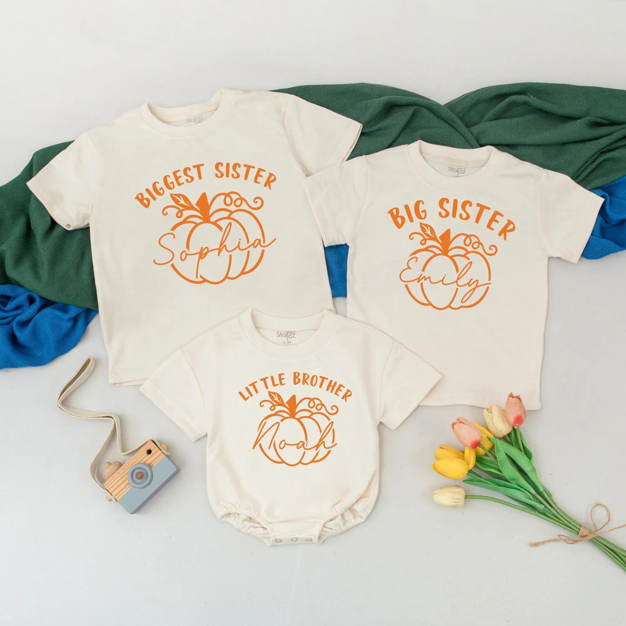 Pumpkin Matching Sibling Outfits with Custom Names, Biggest Sister, Big Sister, Little Brother Fall Shirts, Autumn Family Apparel