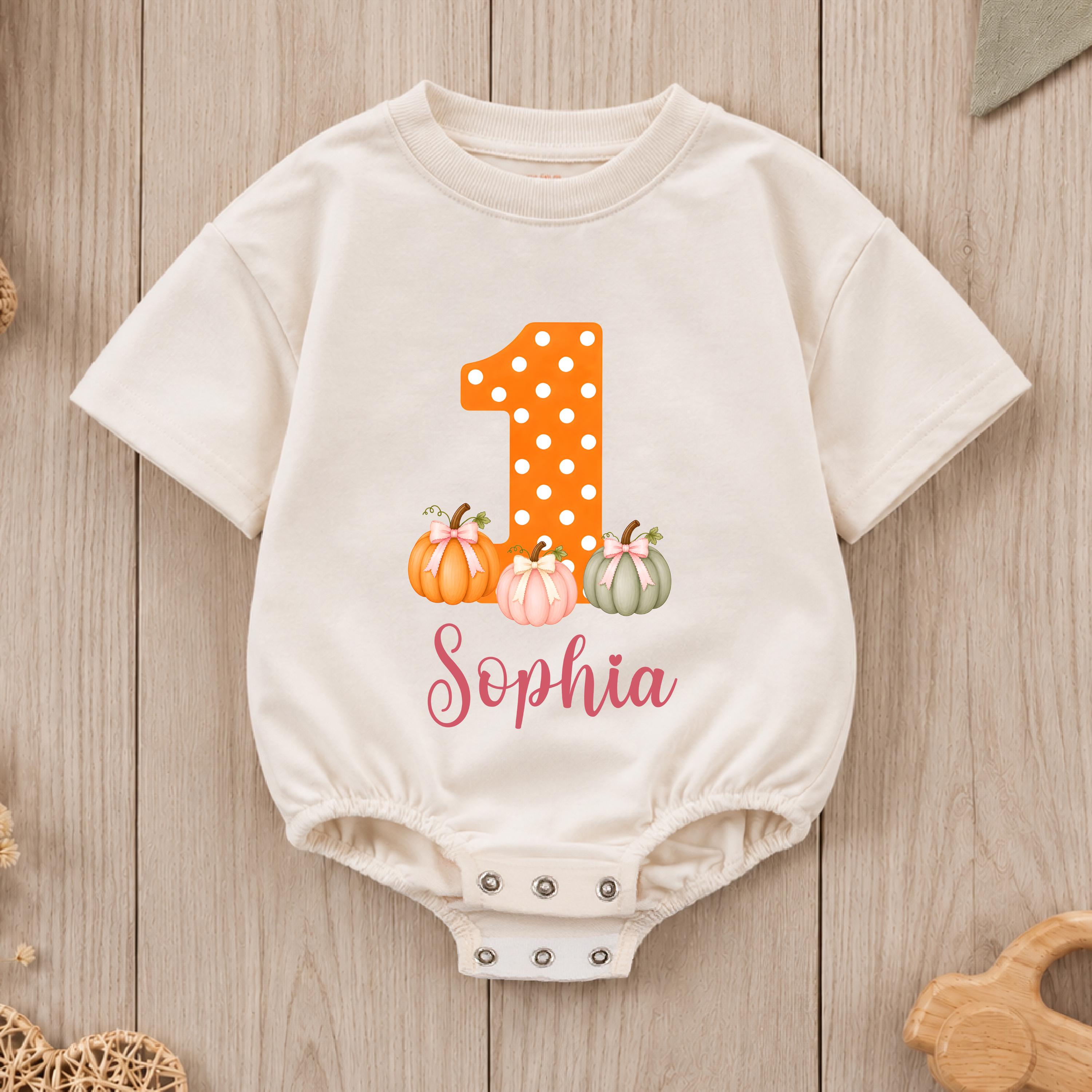 Pumpkin Patch 1st Birthday Baby Romper with Custom Name, Fall Milestone Outfit for Little Girl, Cake Smash Bodysuit