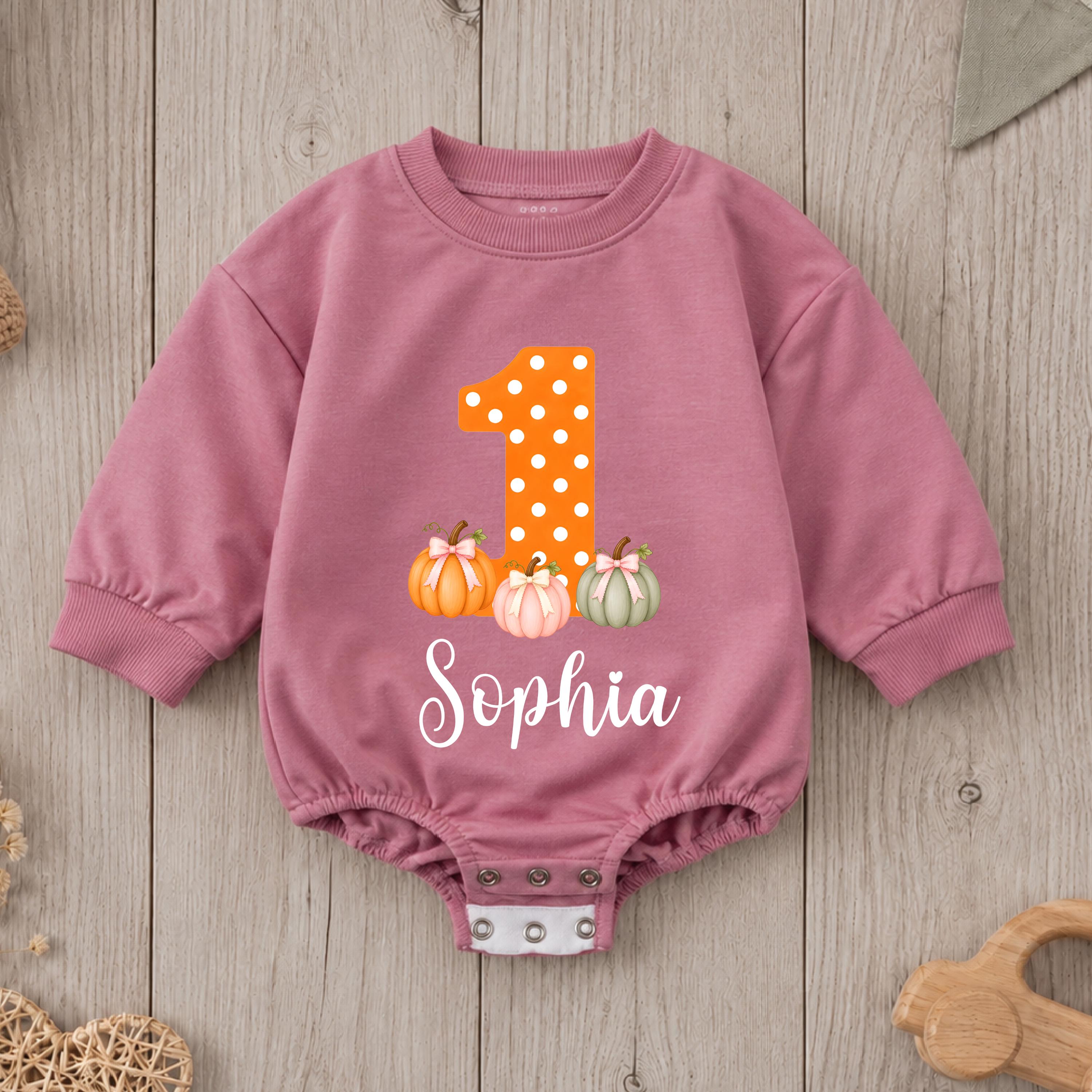 Pumpkin Patch 1st Birthday Baby Romper with Custom Name, Fall Milestone Outfit for Little Girl, Cake Smash Bodysuit