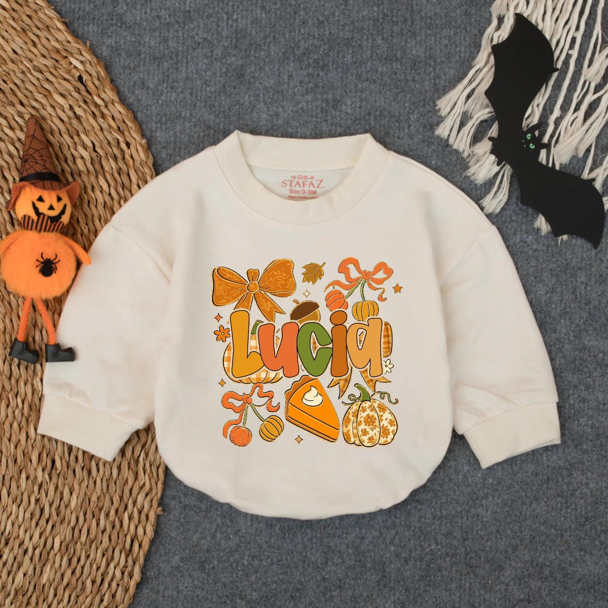 Pumpkin Patch Baby Girl Sweatshirt with Custom Name, Fall Harvest Graphic and Bow Design, Thanksgiving Outfit for Toddlers