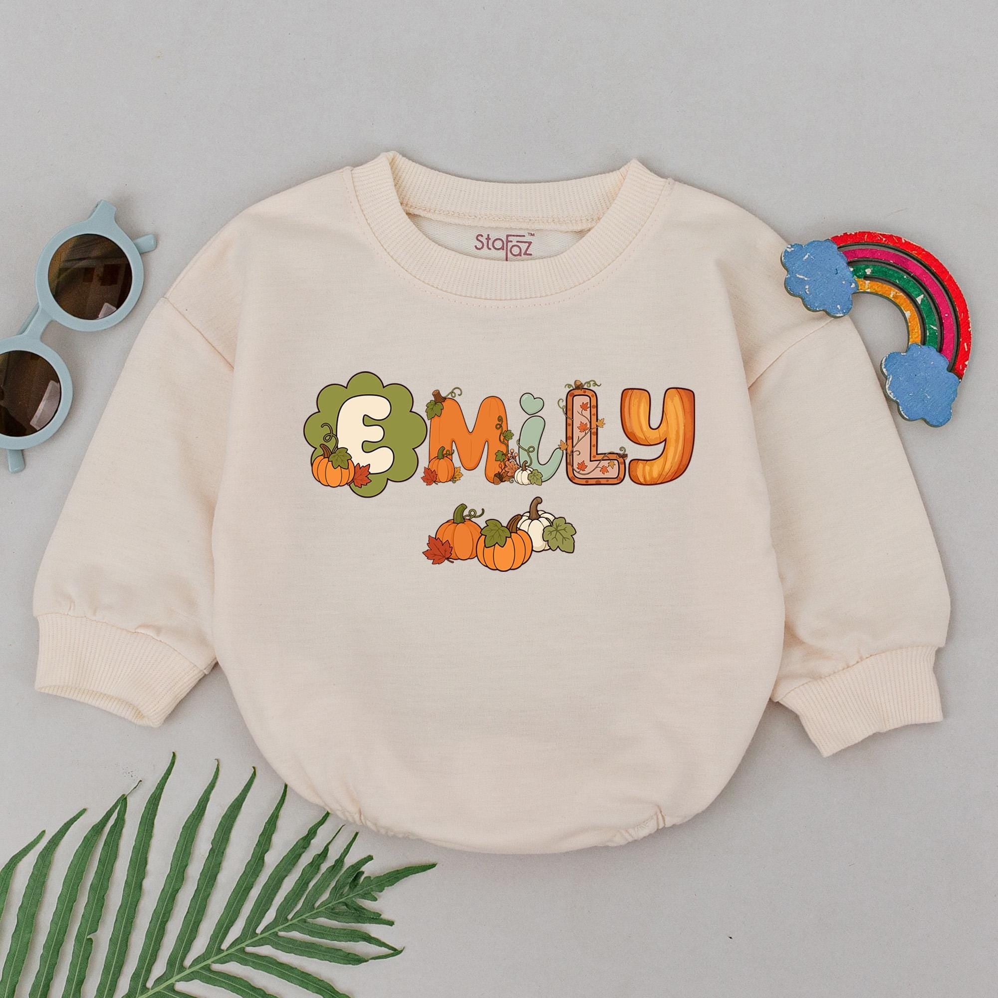 Pumpkin Patch Baby Romper with Autumn Name Artwork, Thanksgiving Outfit for Kids, Custom Fall Bubble Romper
