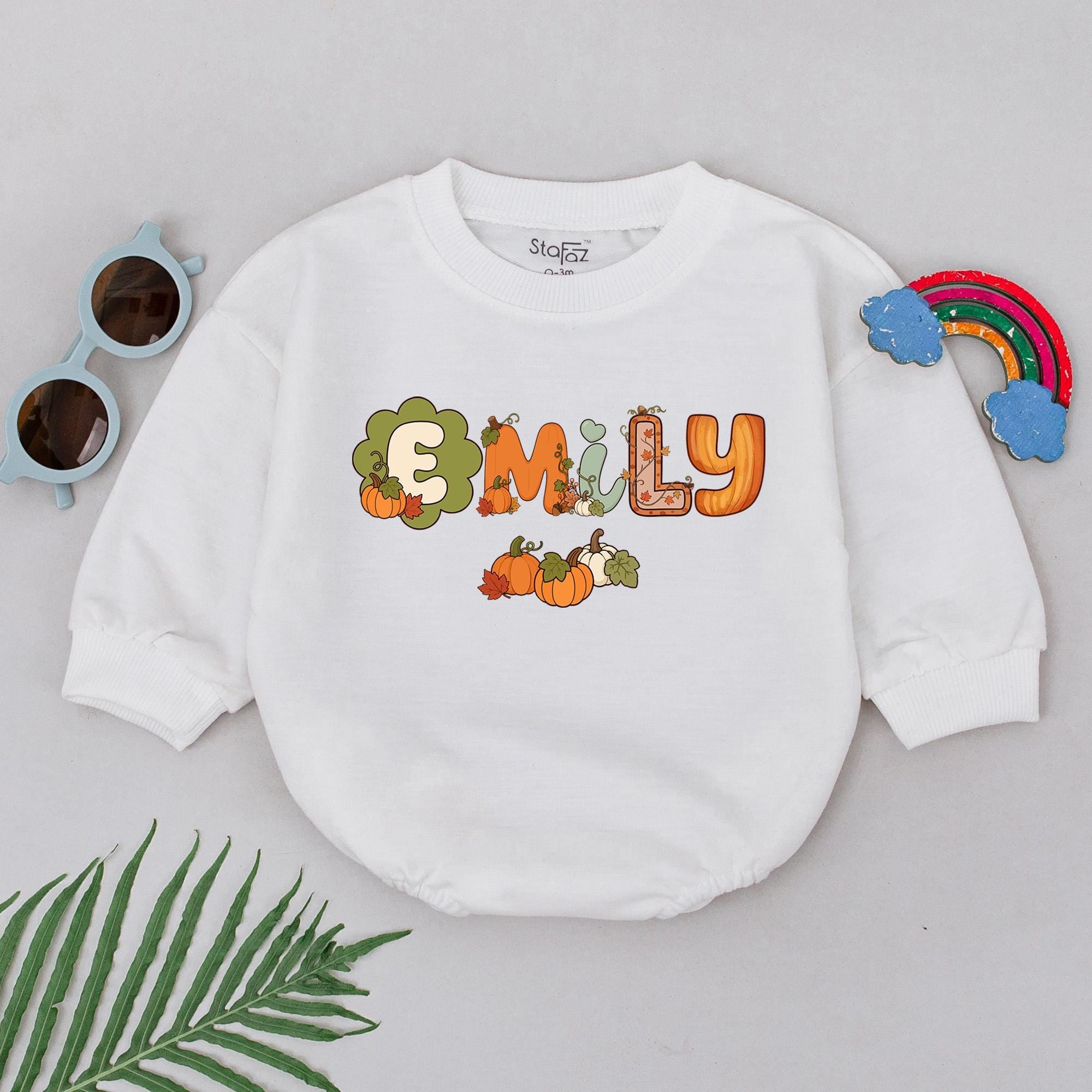 Pumpkin Patch Baby Romper with Autumn Name Artwork, Thanksgiving Outfit for Kids, Custom Fall Bubble Romper