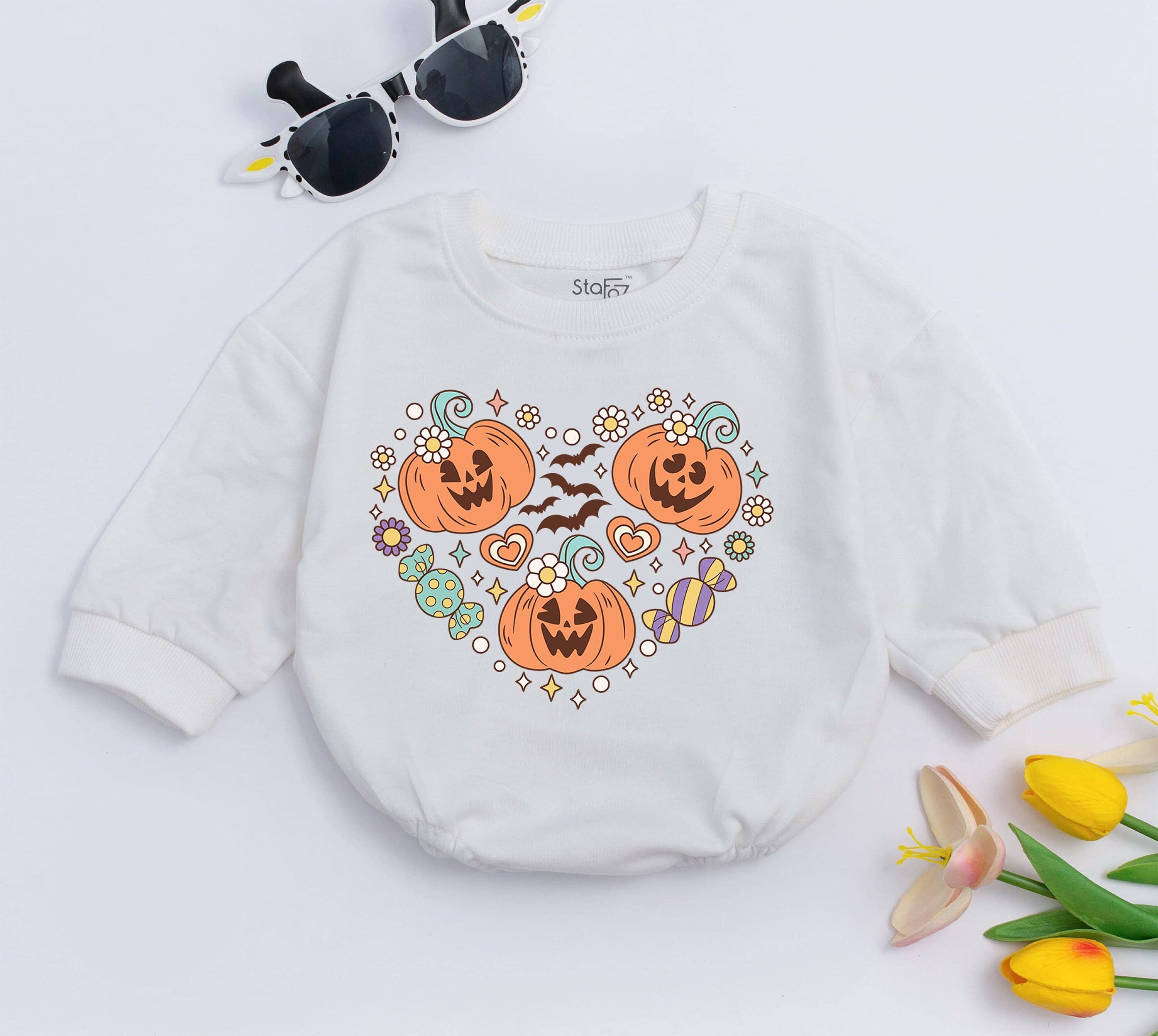 Pumpkin Patch Baby Romper with Cheerful Faces Toddler Halloween Sweatshirt Festive Fall Outfit Cozy Cotton Infant Clothes Vibrant Design