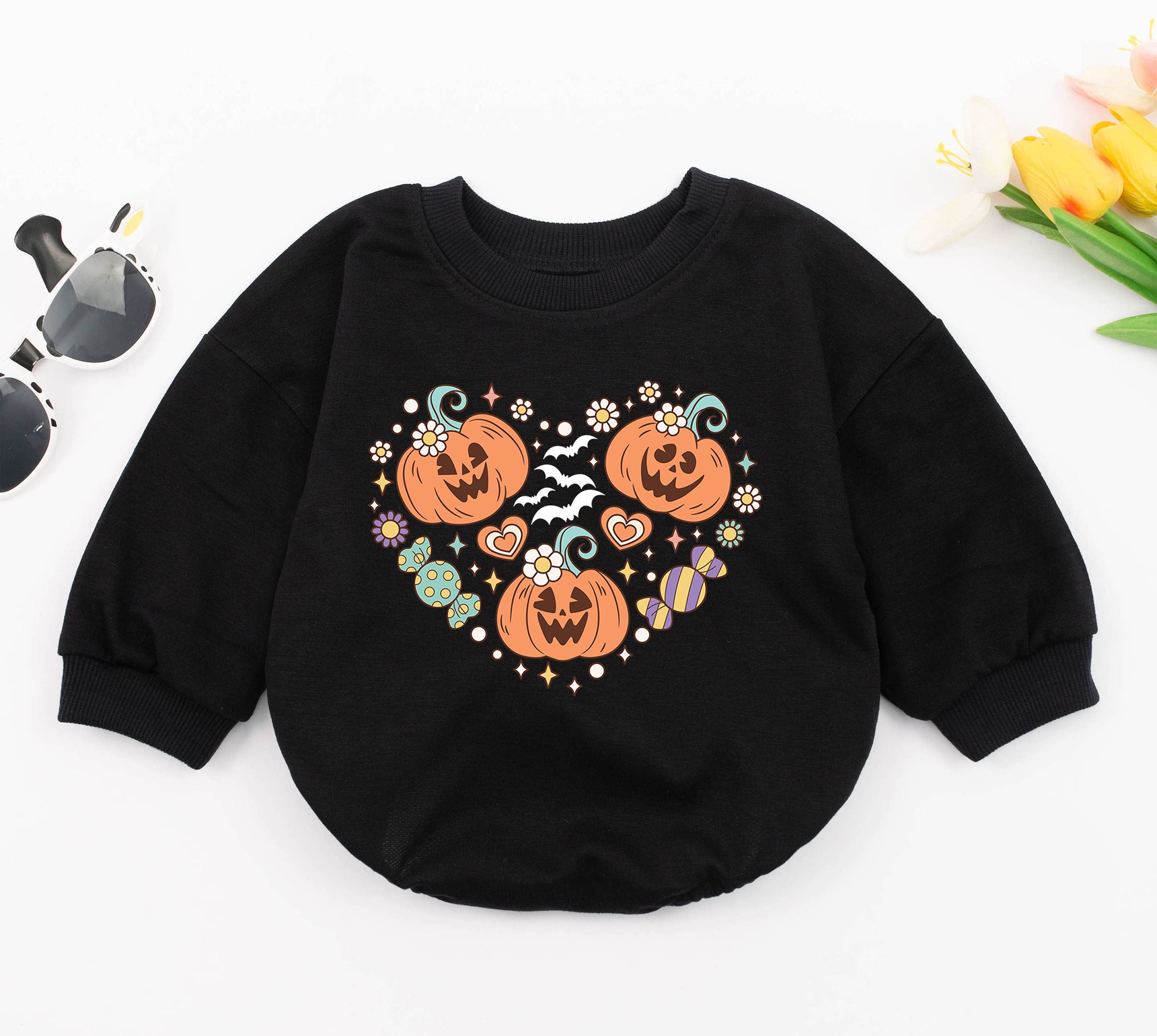 Pumpkin Patch Baby Romper with Cheerful Faces Toddler Halloween Sweatshirt Festive Fall Outfit Cozy Cotton Infant Clothes Vibrant Design