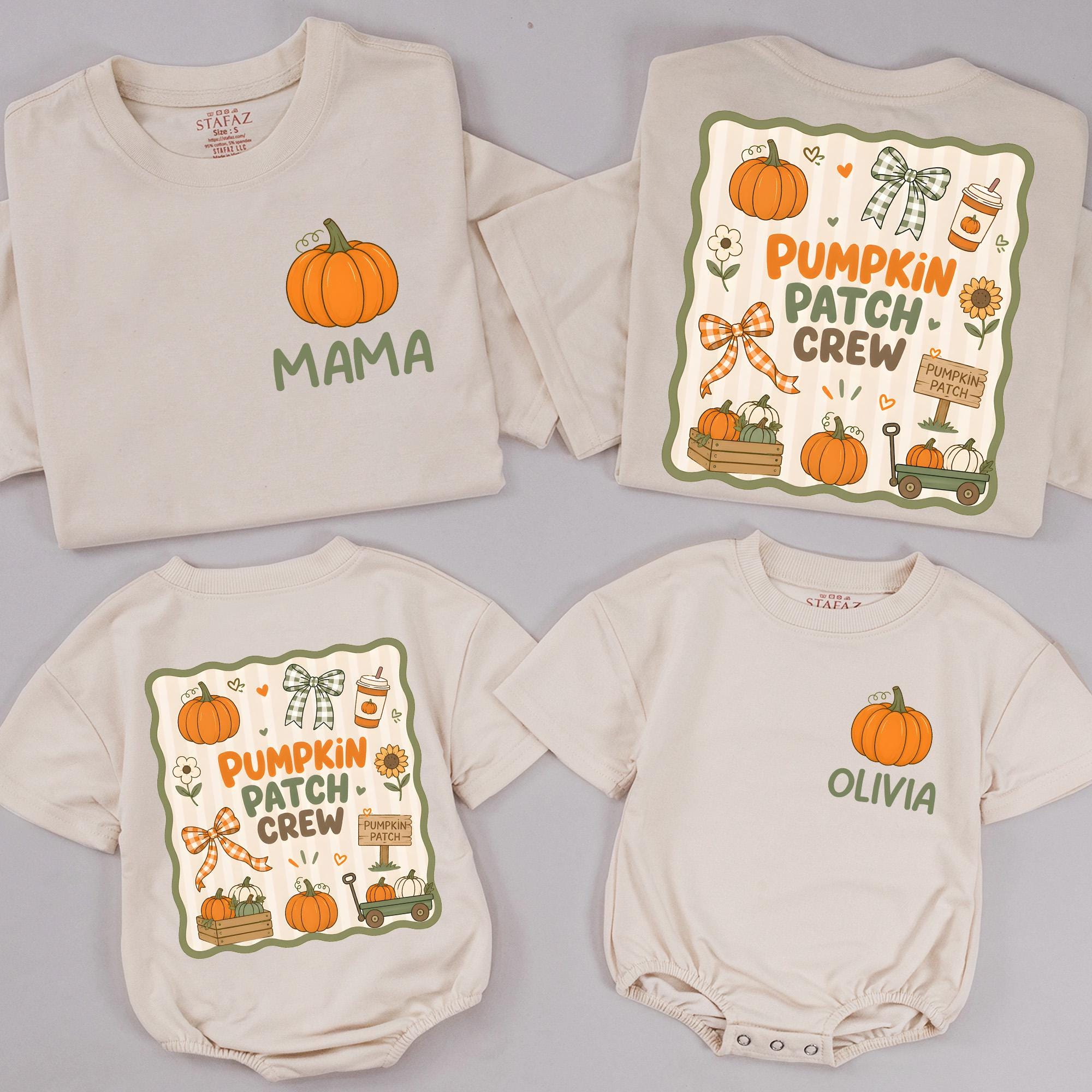 Pumpkin Patch Crew Family Matching T-Shirts and Baby Rompers with Custom Names, Fall Thanksgiving Outfit for Kids and Adults