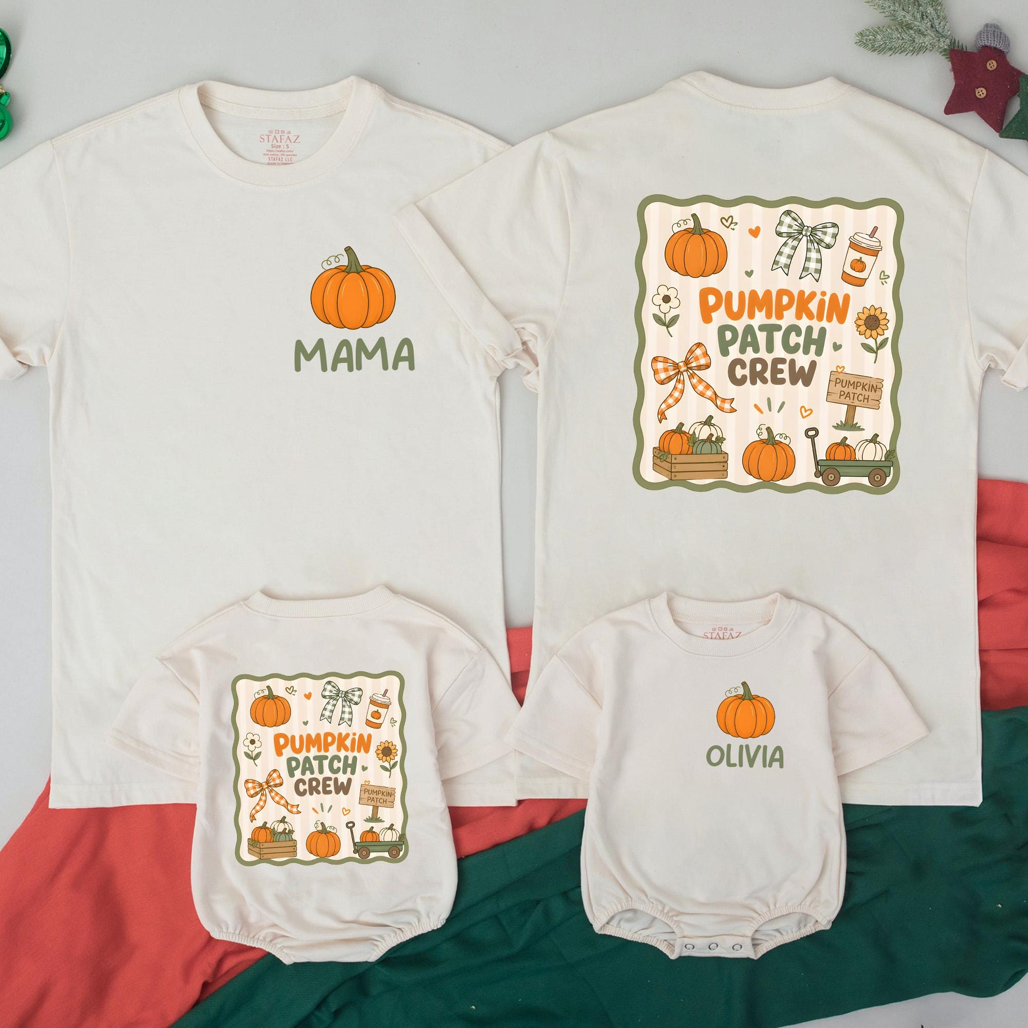 Pumpkin Patch Crew Family Matching T-Shirts and Baby Rompers with Custom Names, Fall Thanksgiving Outfit for Kids and Adults