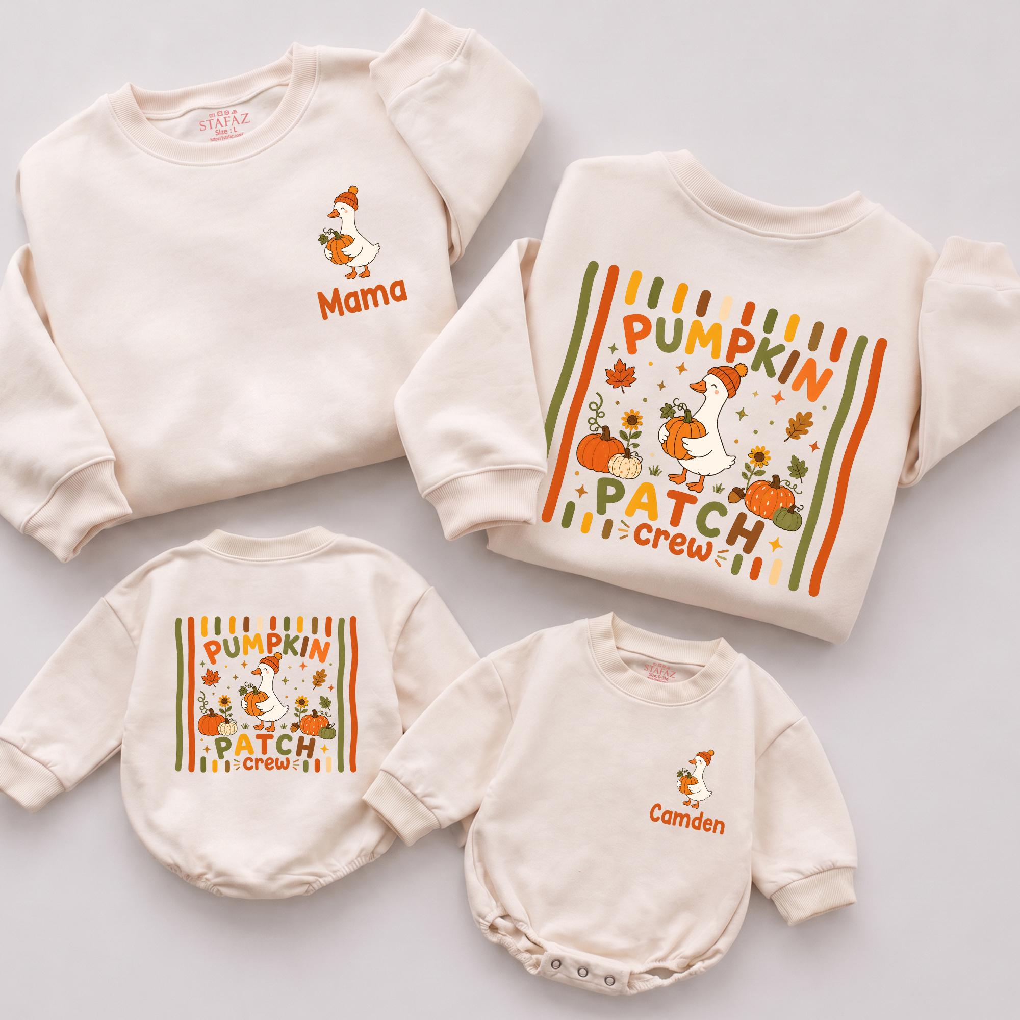 Pumpkin Patch Crew Family Sweatshirts and Baby Romper with Goose Graphic, Thanksgiving Matching Outfits with Custom Name