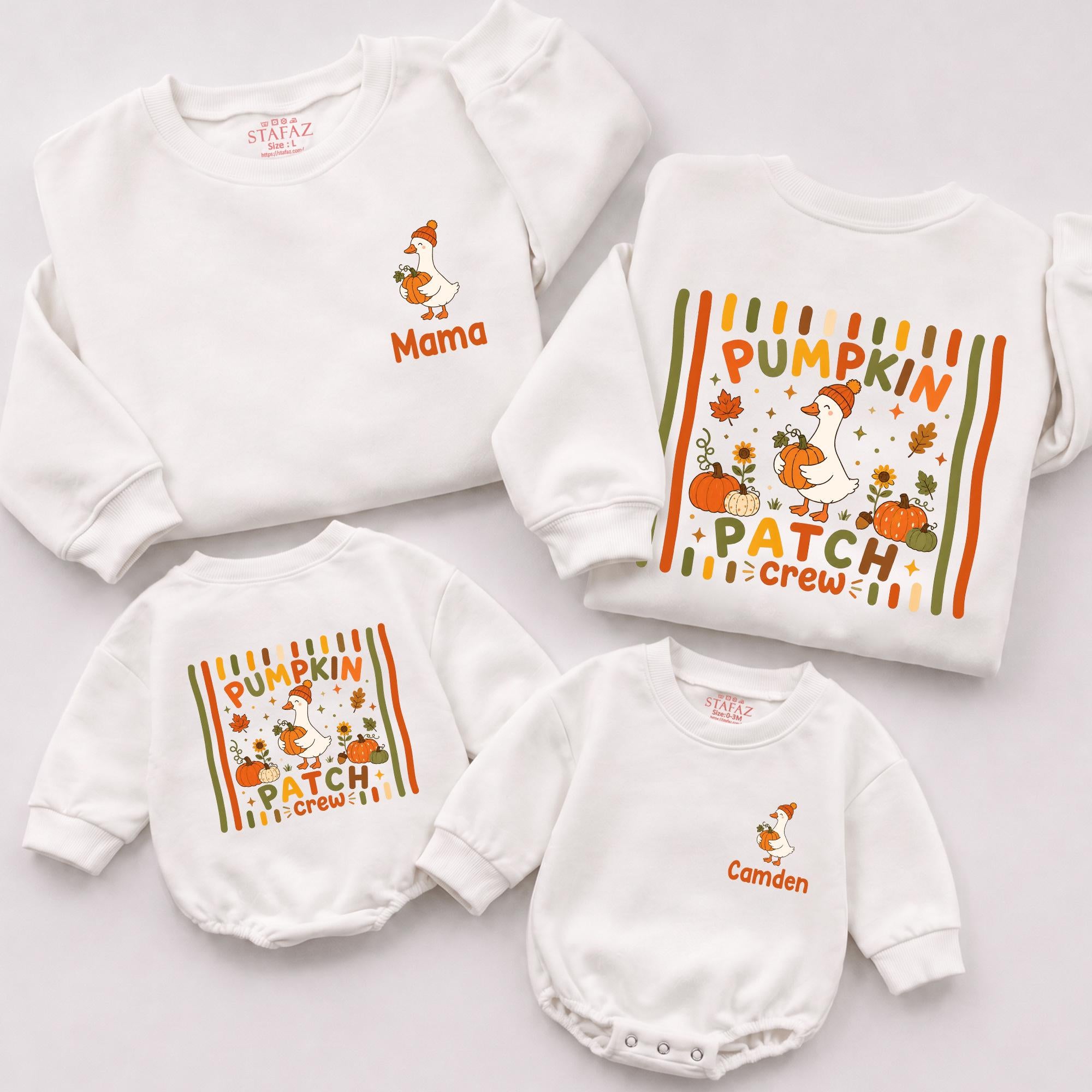 Pumpkin Patch Crew Family Sweatshirts and Baby Romper with Goose Graphic, Thanksgiving Matching Outfits with Custom Name