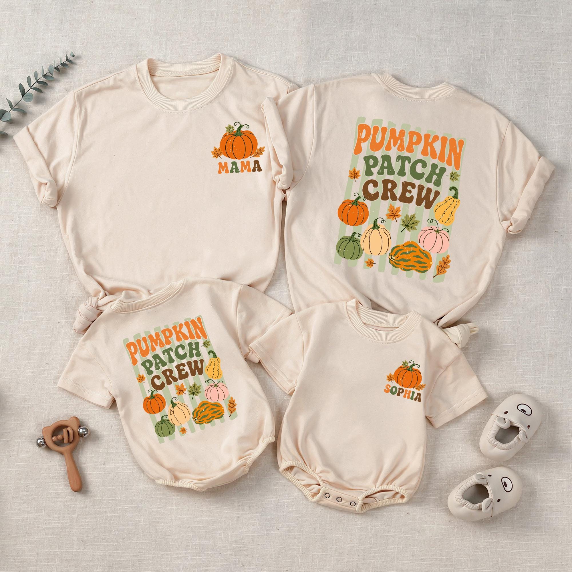 Pumpkin Patch Crew Matching Family Shirts and Baby Rompers, Fall Harvest Graphic Tee with Custom Name, Mommy and Me Outfit