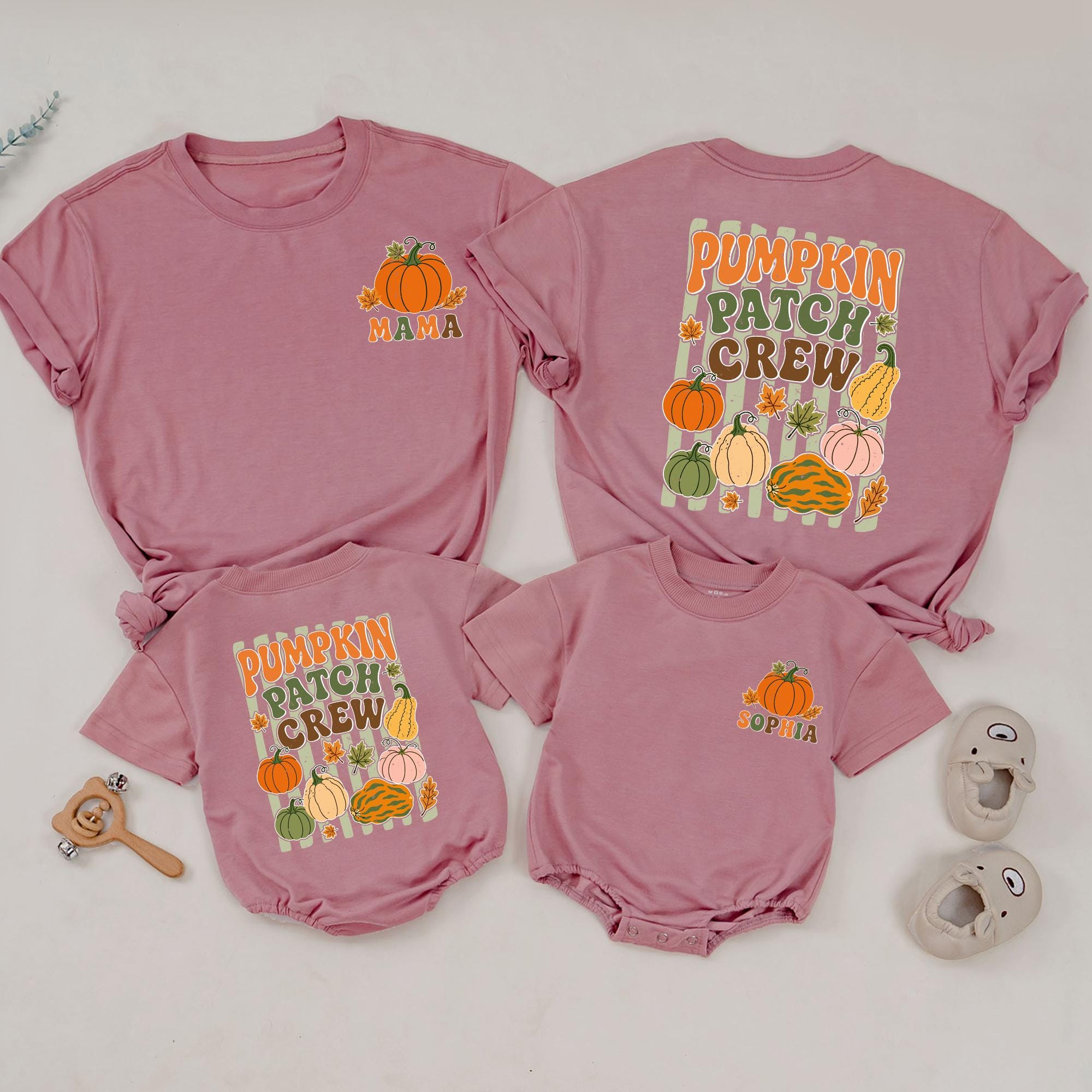 Pumpkin Patch Crew Matching Family Shirts and Baby Rompers, Fall Harvest Graphic Tee with Custom Name, Mommy and Me Outfit