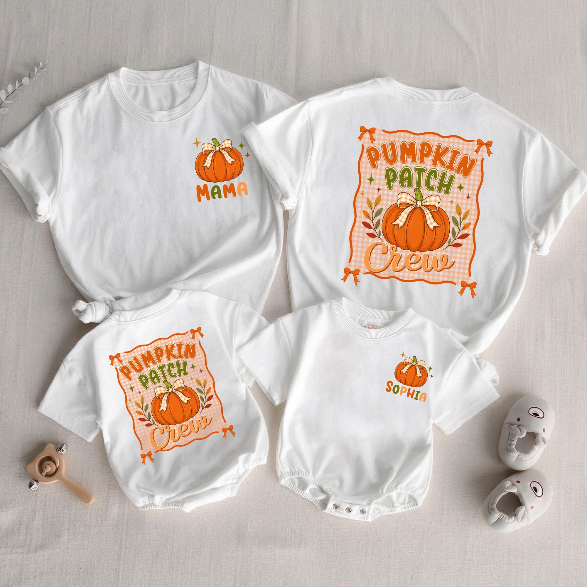 Pumpkin Patch Crew Matching Family Shirts with Custom Names, Fall Gingham Baby Romper and Mommy & Me Autumn Outfits