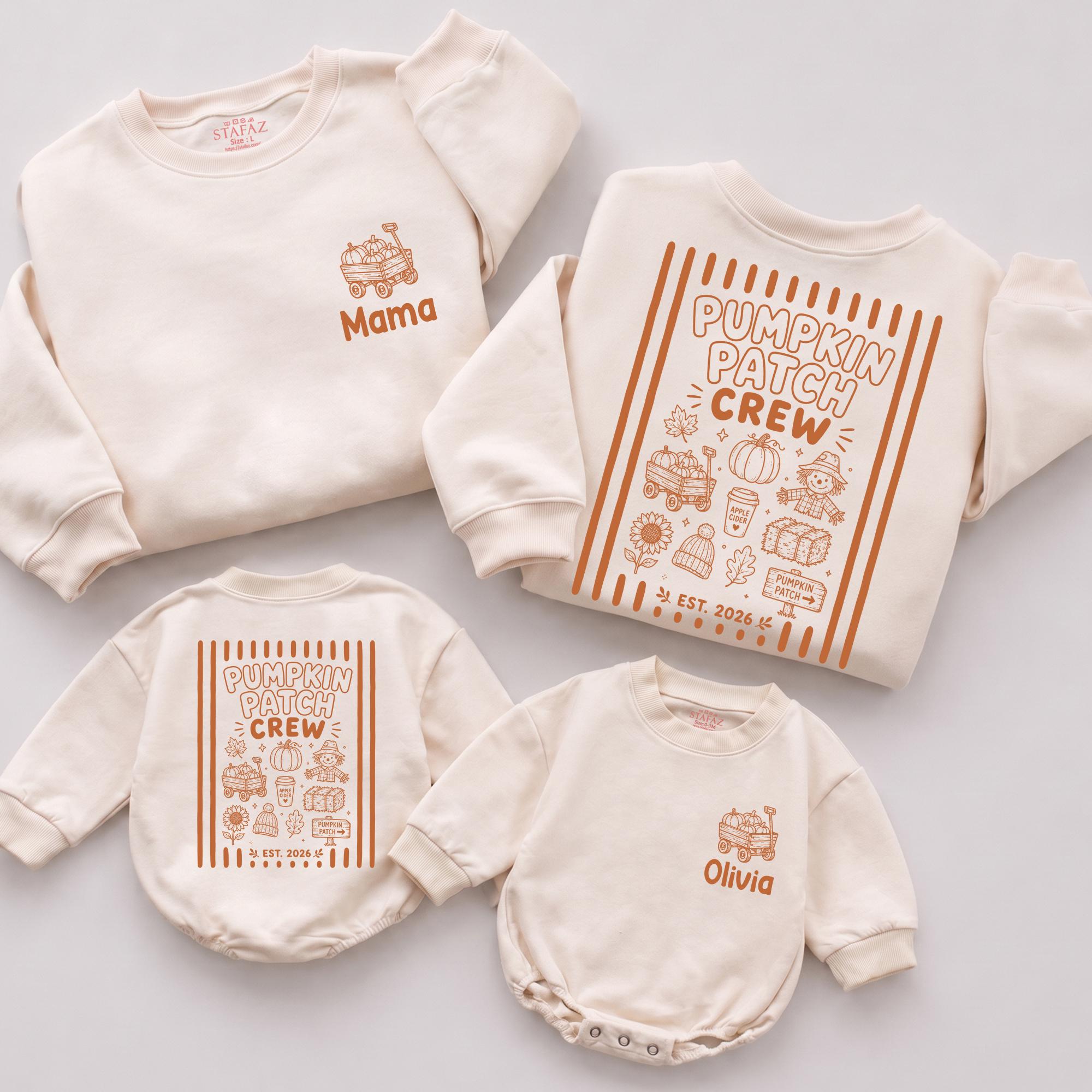 Pumpkin Patch Crew Matching Family Sweatshirts and Baby Romper with Custom Name, Fall Harvest Outfits for Moms and Babies