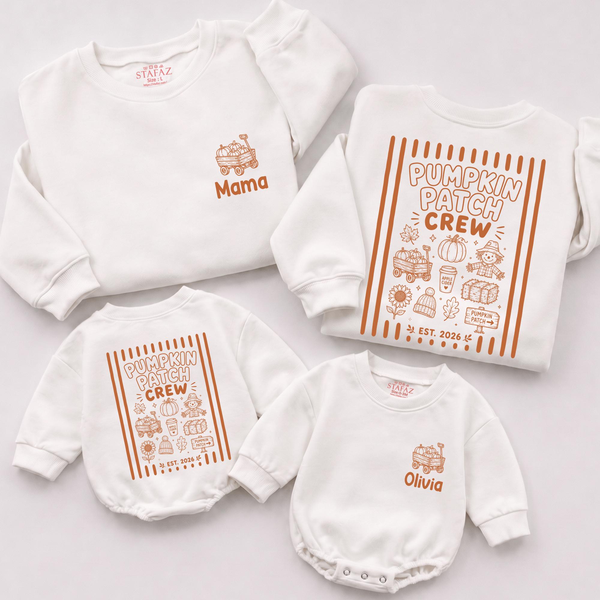 Pumpkin Patch Crew Matching Family Sweatshirts and Baby Romper with Custom Name, Fall Harvest Outfits for Moms and Babies