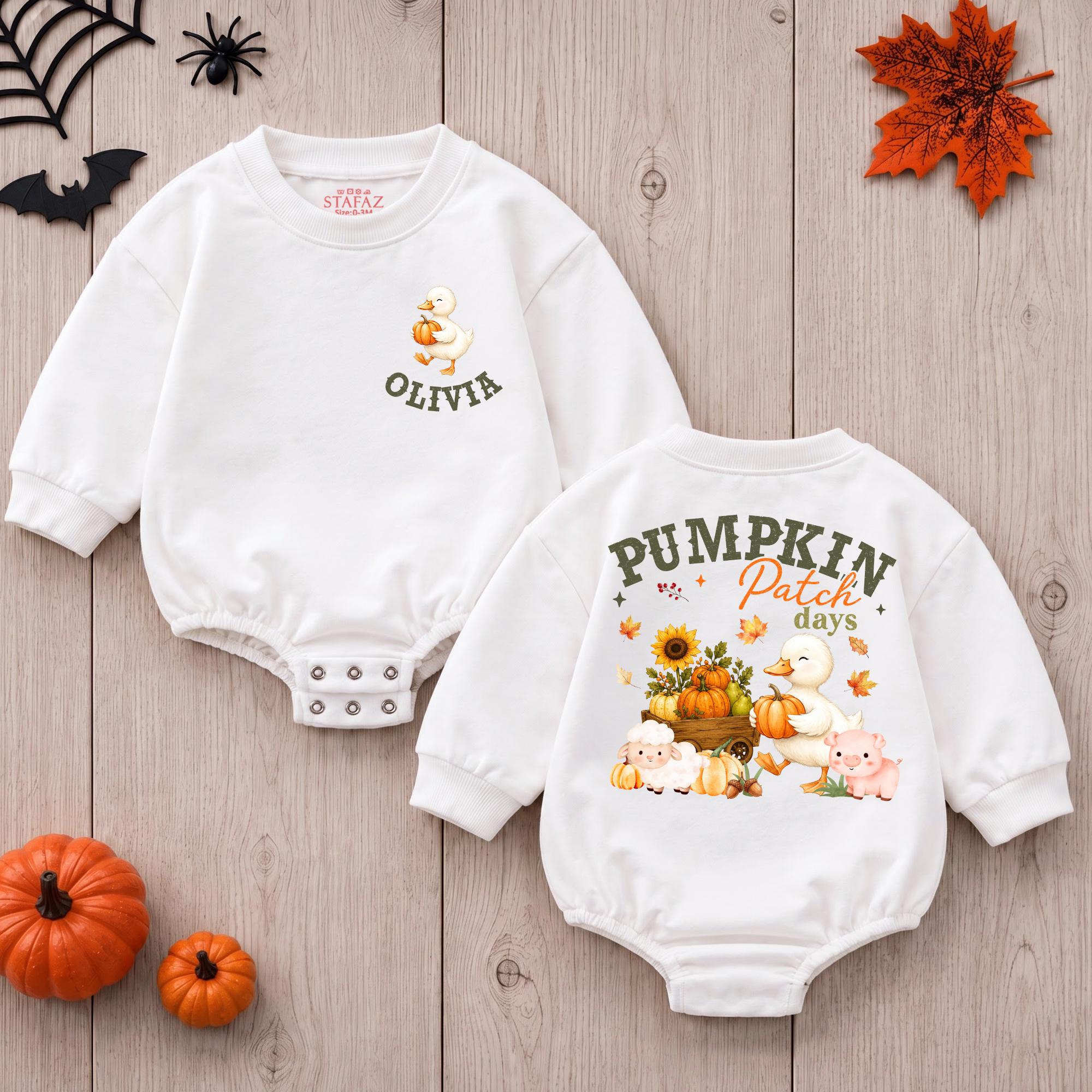 Pumpkin Patch Days Baby Romper with Fall Farm Graphic and Custom Name, Autumn Newborn Outfit for Seasonal Photos