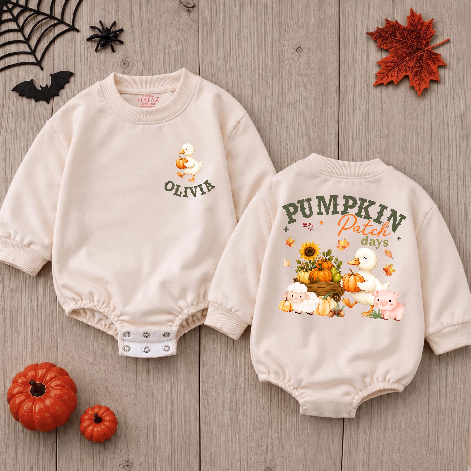 Pumpkin Patch Days Baby Romper with Fall Farm Graphic and Custom Name, Autumn Newborn Outfit for Seasonal Photos