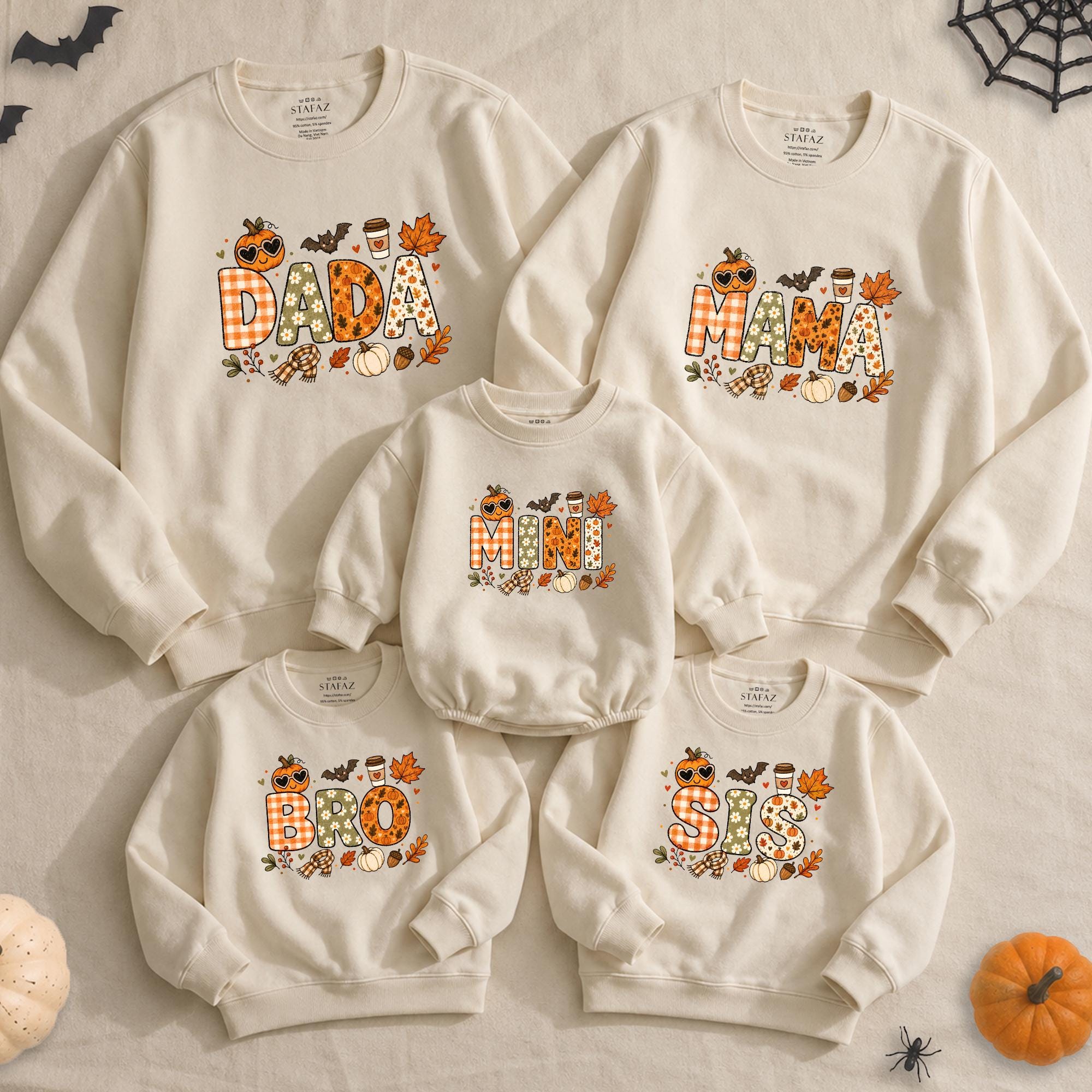 Pumpkin Patch Fall Family Sweatshirts with Cute Halloween Artwork, Matching Baby Romper, Custom Names for Mom, Dad, Brother & Sister