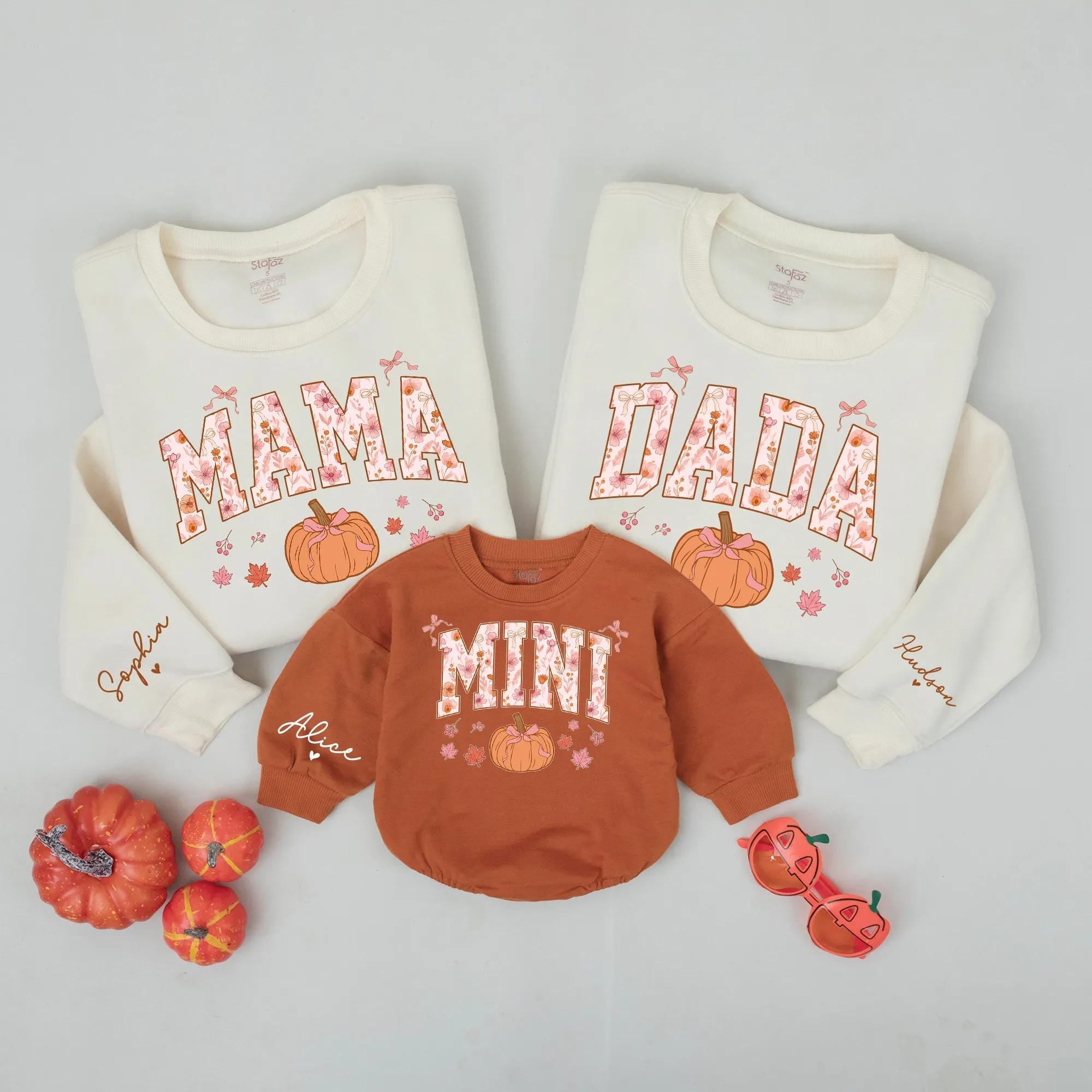 Pumpkin Patch Family Matching Sweatshirts with Custom Names, Fall Coquette Bow Design, Mama Dada Mini Outfits for Autumn Photos