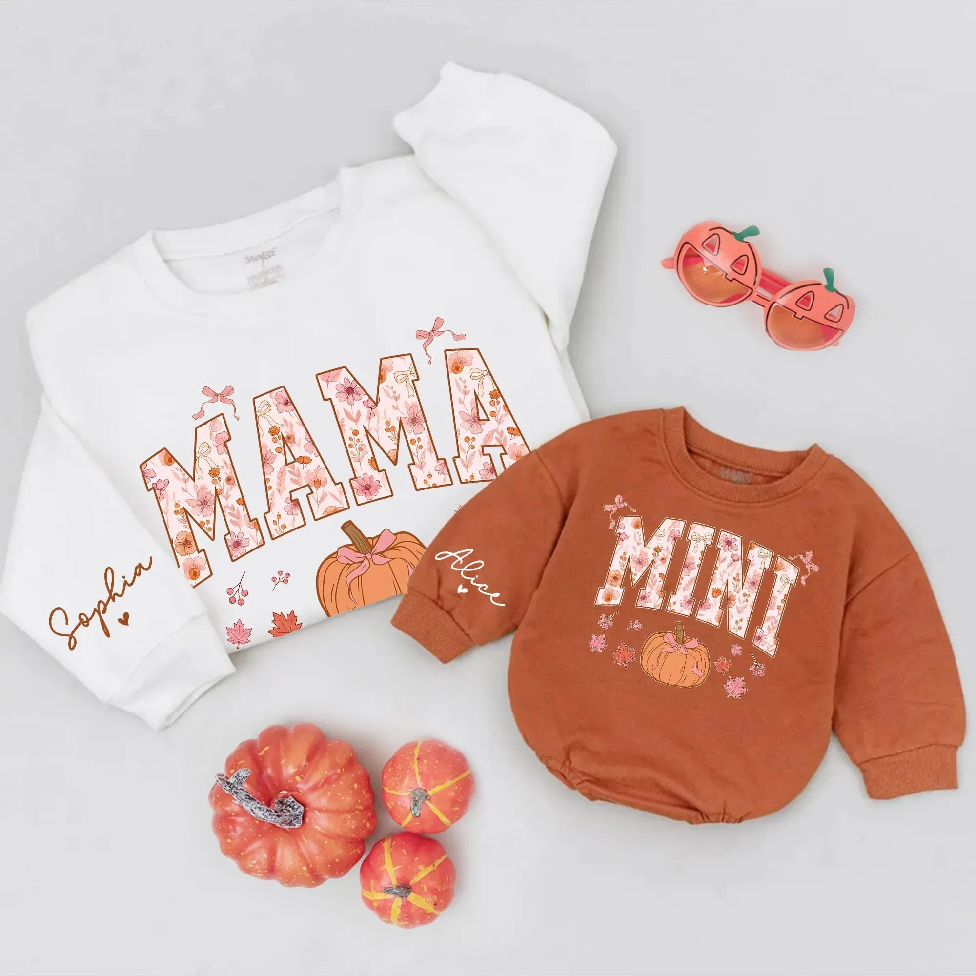 Pumpkin Patch Family Matching Sweatshirts with Custom Names, Fall Coquette Bow Design, Mama Dada Mini Outfits for Autumn Photos