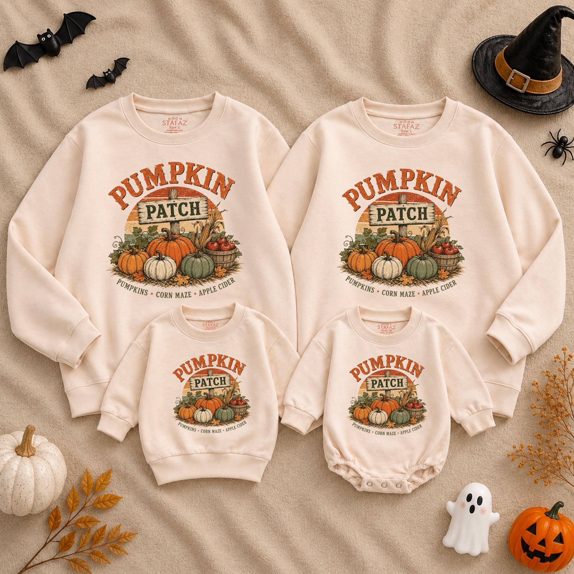 Pumpkin Patch Family Sweatshirts with Rustic Autumn Graphics, Matching Fall Outfits for Halloween, Thanksgiving, and Pumpkin Picking