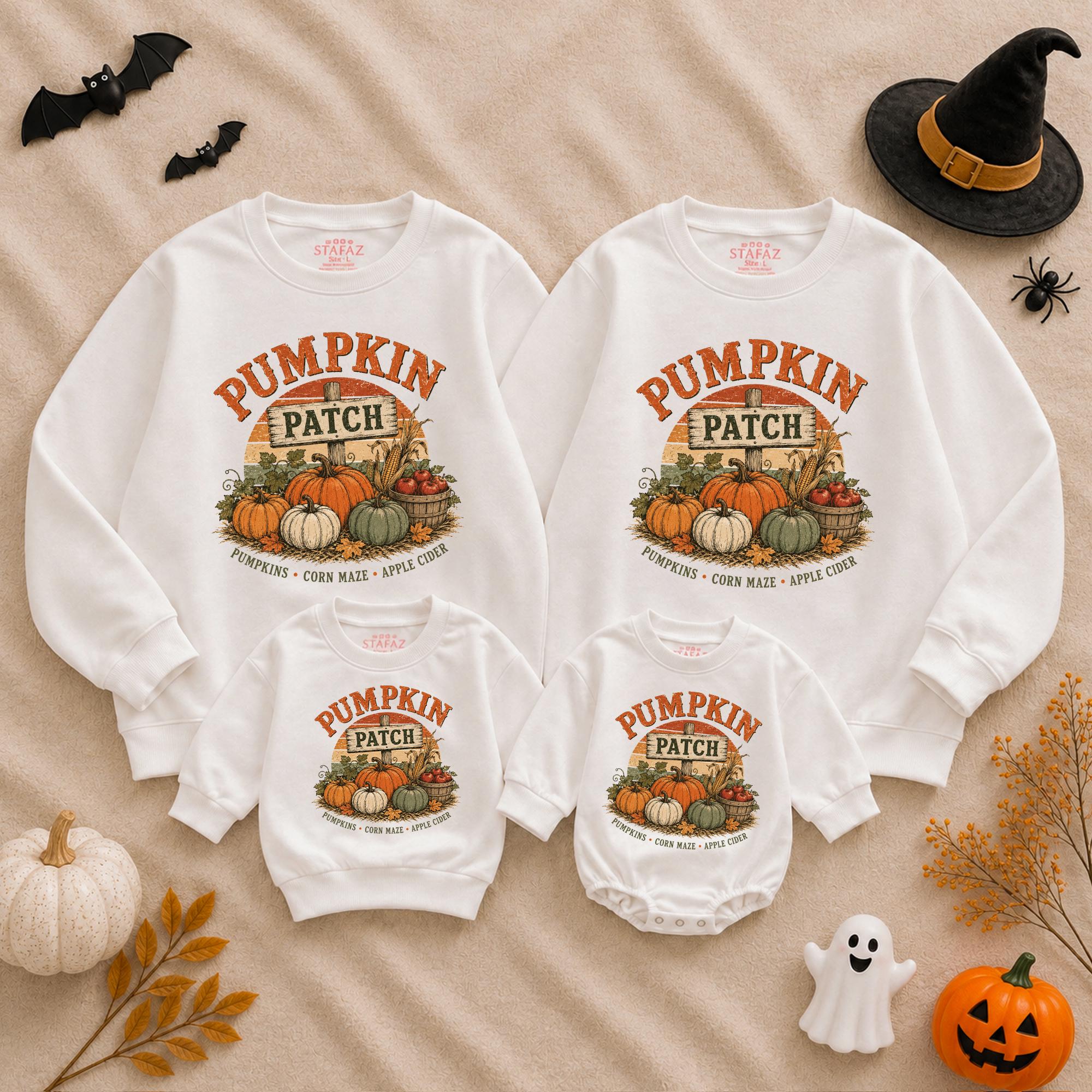 Pumpkin Patch Family Sweatshirts with Rustic Autumn Graphics, Matching Fall Outfits for Halloween, Thanksgiving, and Pumpkin Picking