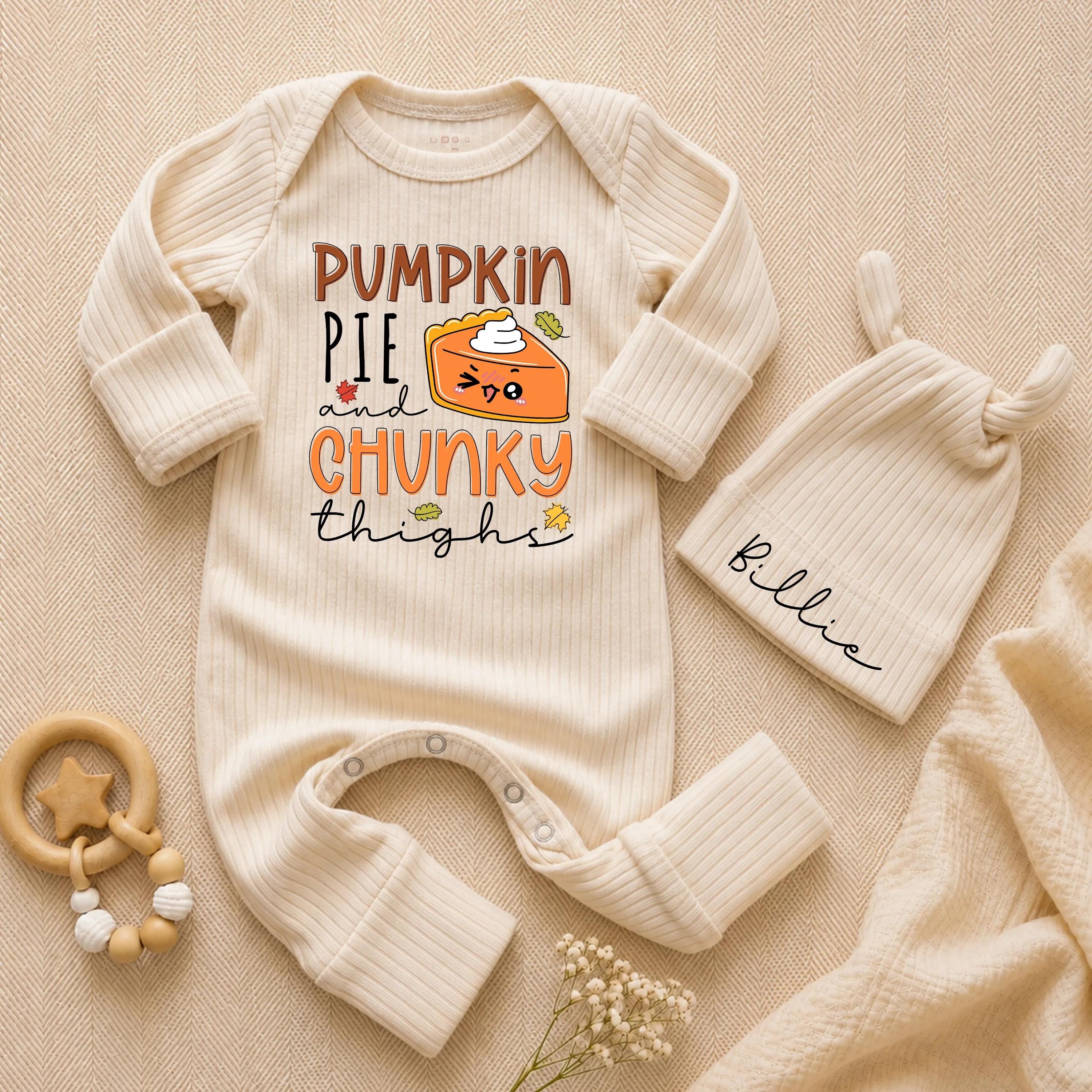 Pumpkin Pie and Chunky Thighs Baby Bodysuit with Custom Name Hat, Funny Thanksgiving Newborn Outfit, Fall Baby Shower Gift Set