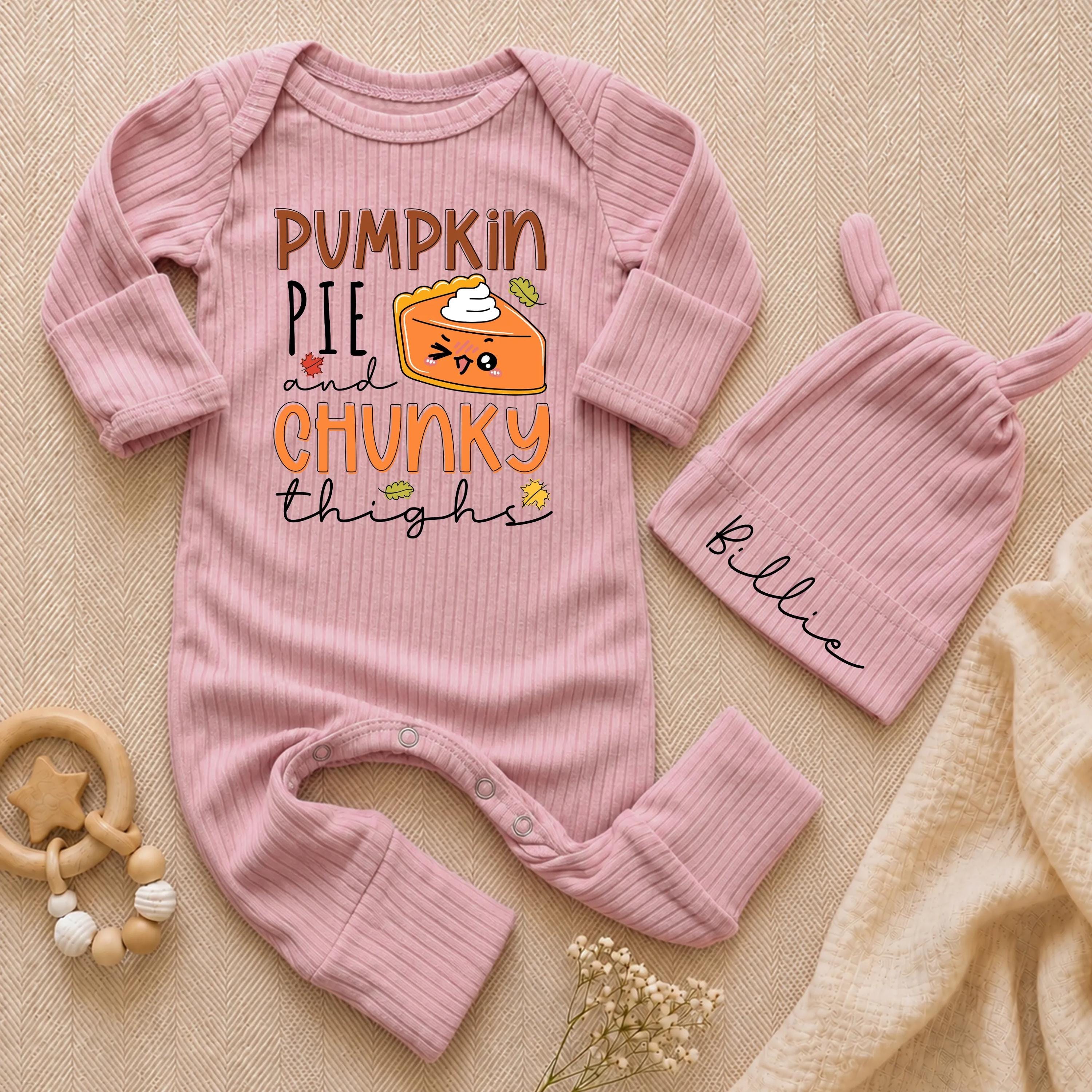 Pumpkin Pie and Chunky Thighs Baby Bodysuit with Custom Name Hat, Funny Thanksgiving Newborn Outfit, Fall Baby Shower Gift Set