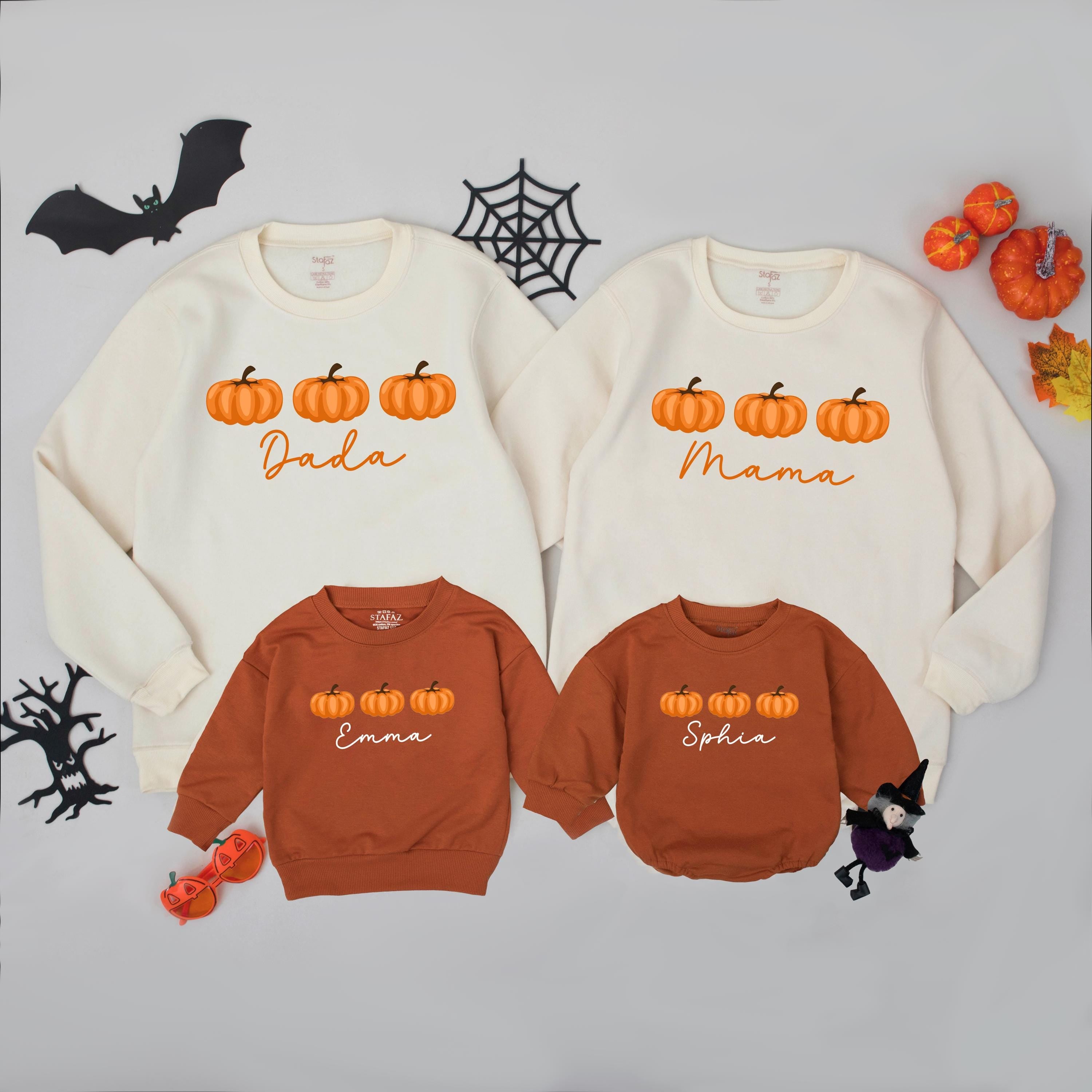Pumpkin Trio Matching Family Sweatshirts with Custom Names, Fall Outfit for Pumpkin Patch, Autumn Photoshoots, and Halloween Fun