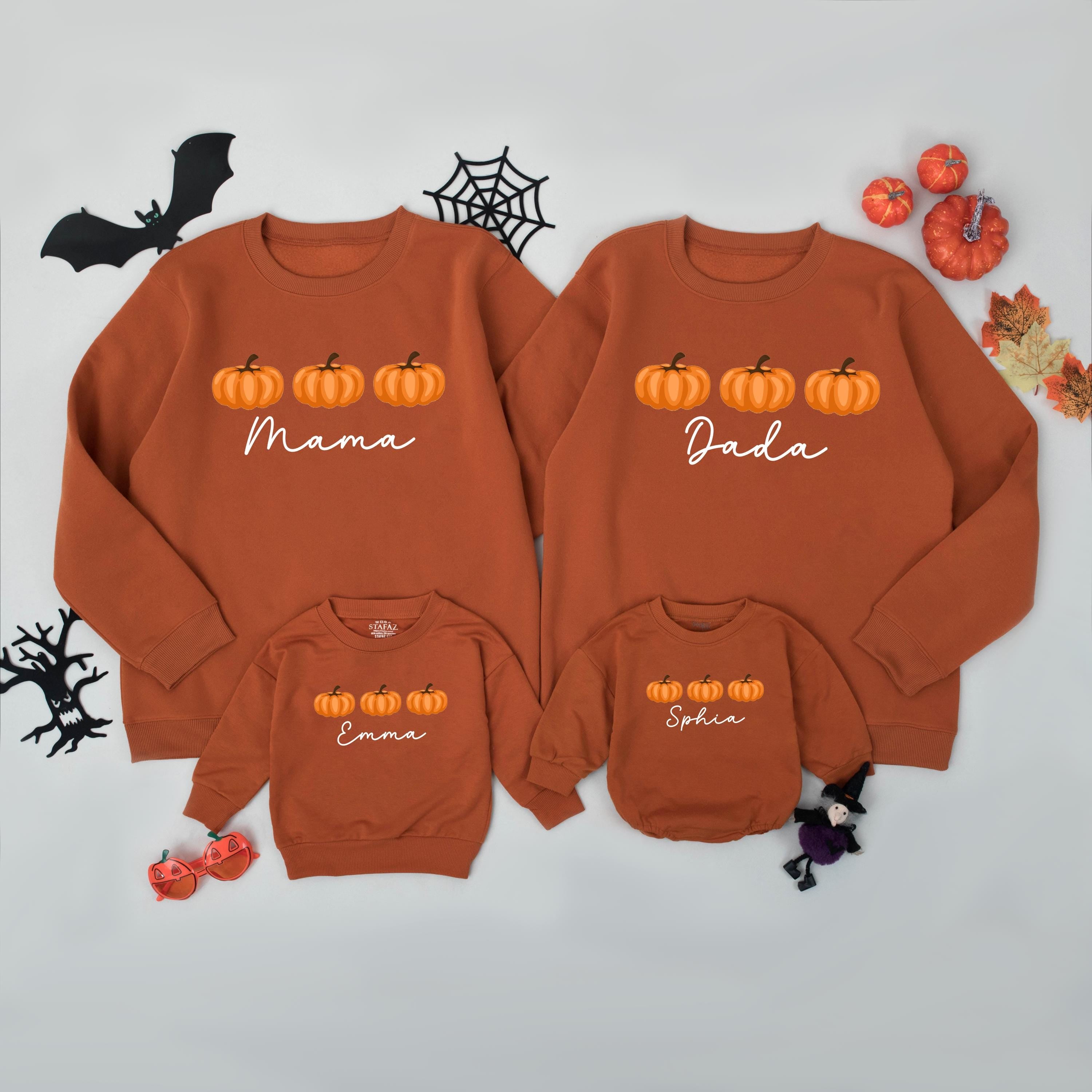 Pumpkin Trio Matching Family Sweatshirts with Custom Names, Fall Outfit for Pumpkin Patch, Autumn Photoshoots, and Halloween Fun
