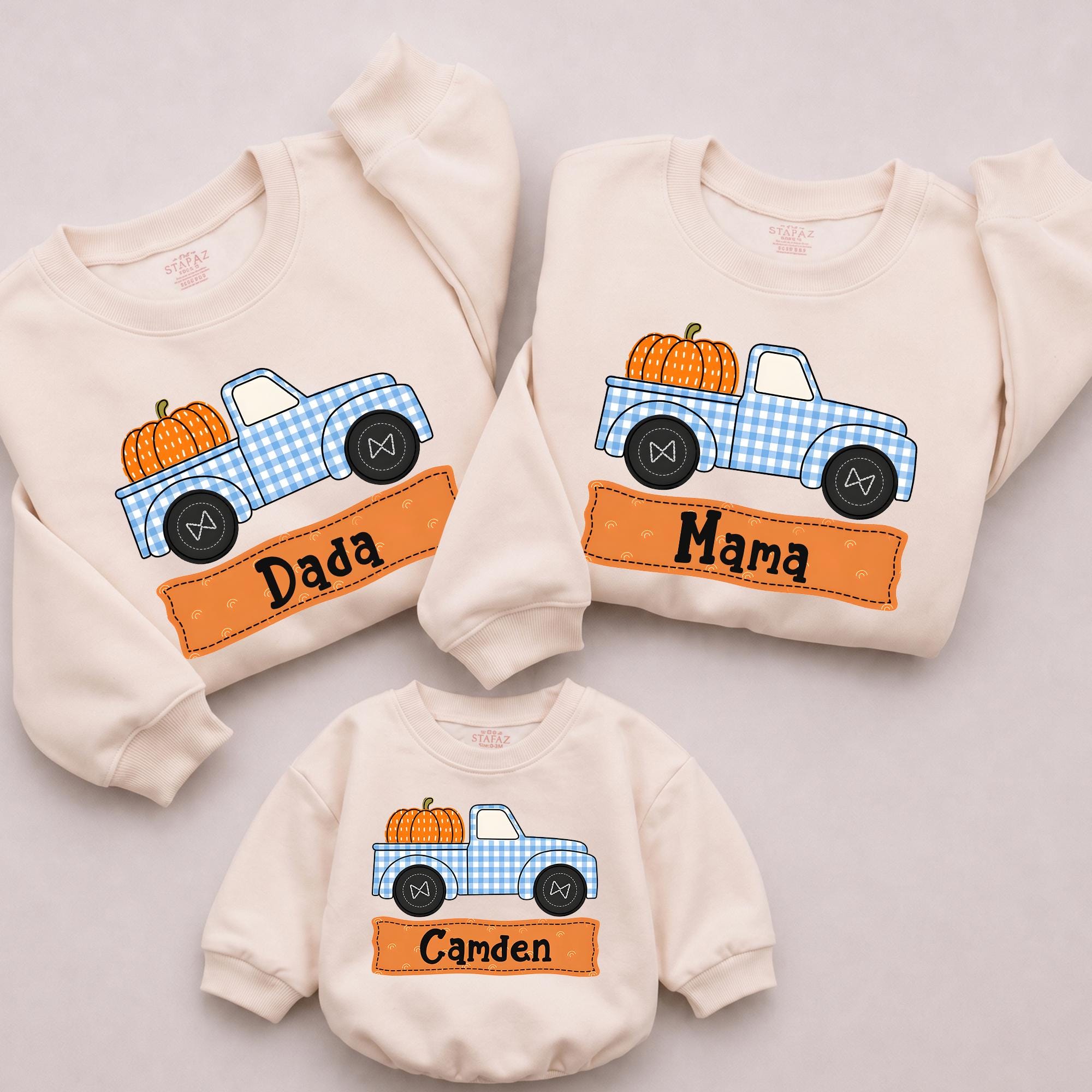 Pumpkin Truck Family Sweatshirt with Custom Name, Matching Thanksgiving Outfit, Fall Baby Romper for Pumpkin Patch Photos