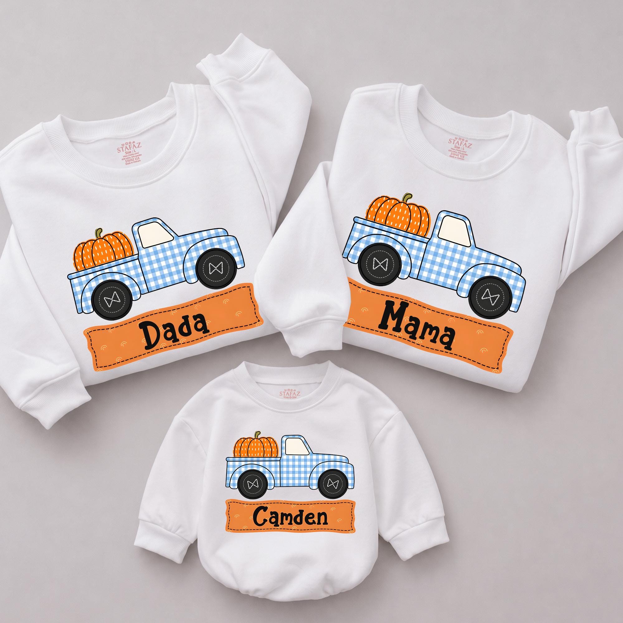 Pumpkin Truck Family Sweatshirt with Custom Name, Matching Thanksgiving Outfit, Fall Baby Romper for Pumpkin Patch Photos