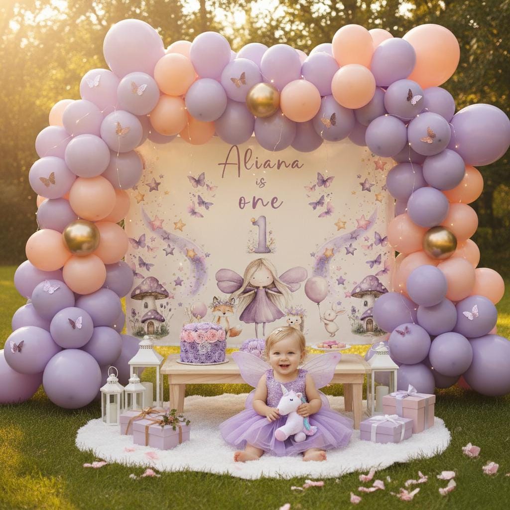 Purple Fairy Butterfly Birthday Backdrop for Girls, Magical Enchanted Garden Party Banner, Princess Photo Background Party Decoration