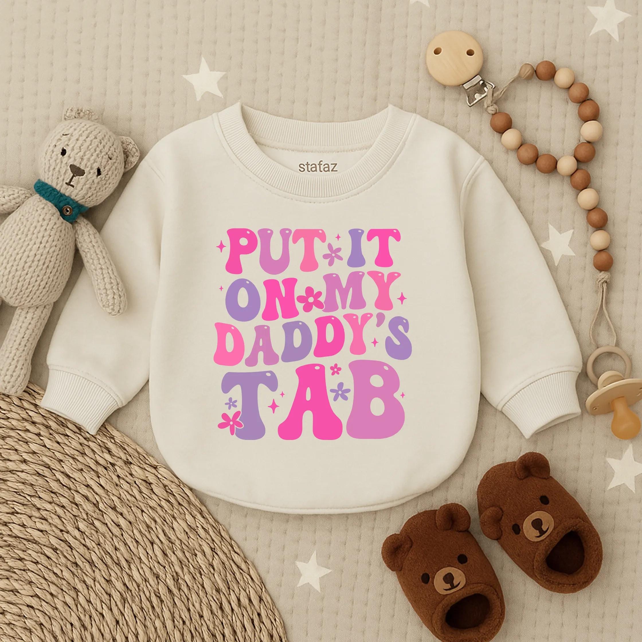 Put It On My Daddy's Tab Baby Romper Funny Newborn Gift for Dad Infant Girl Outfit Father's Day Toddler Playful Design Pink Purple