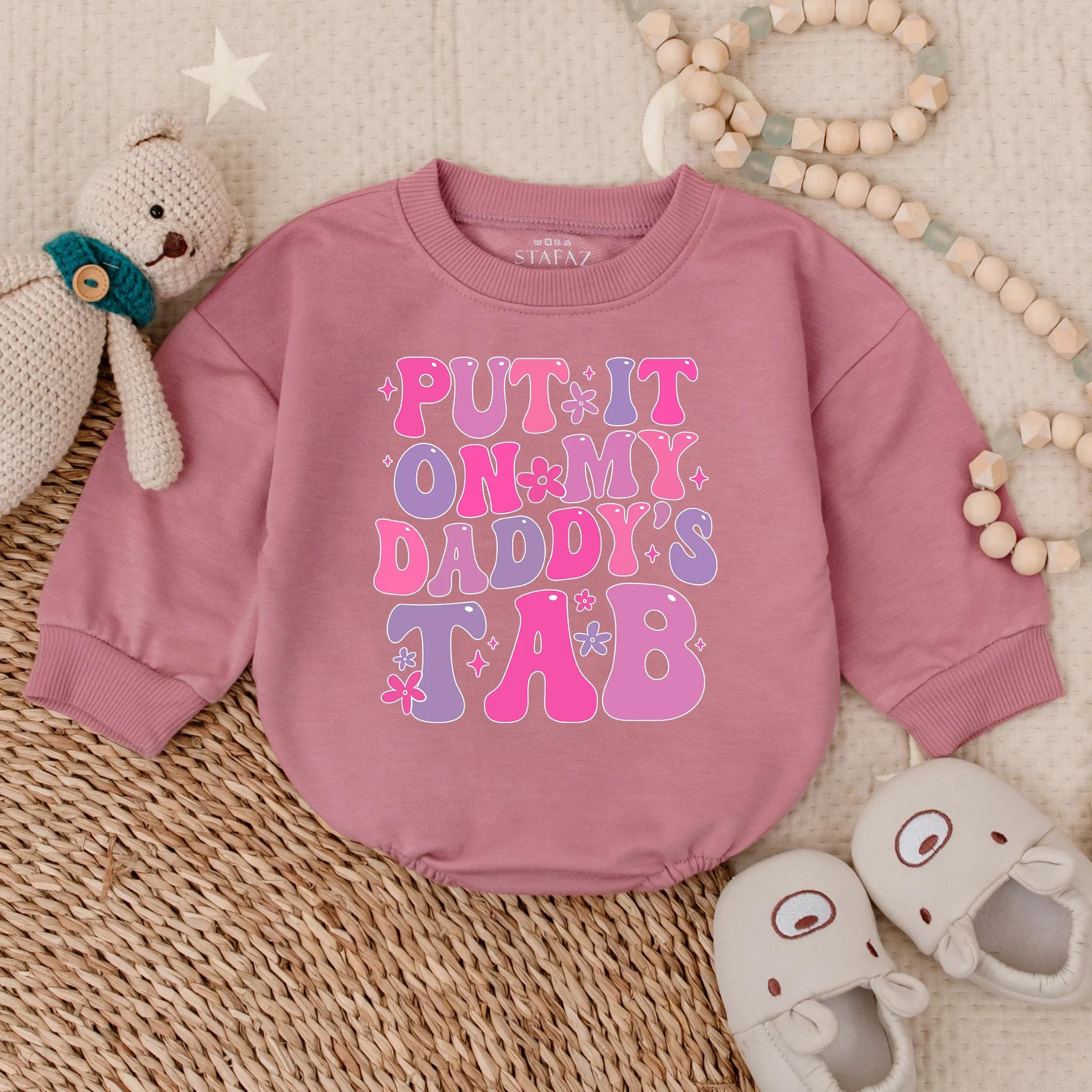 Put It On My Daddy's Tab Baby Romper Funny Newborn Gift for Dad Infant Girl Outfit Father's Day Toddler Playful Design Pink Purple