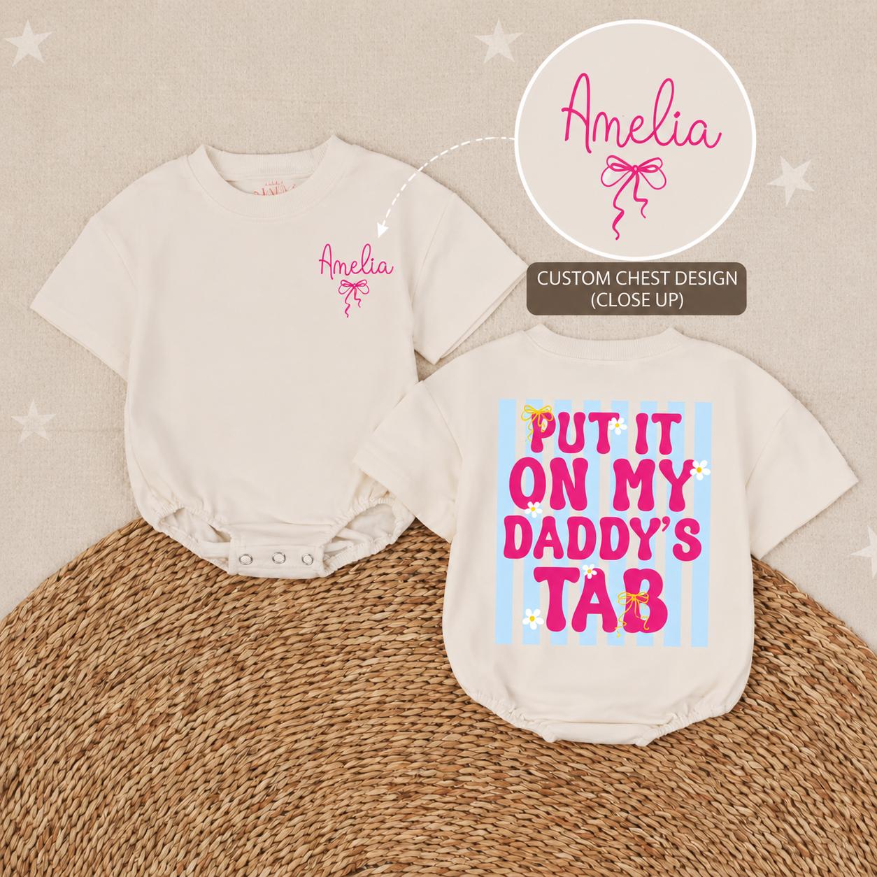 Put it on My Daddy's Tab Baby Romper with Pink Bow, Custom Name Infant Girl Clothes, Retro Striped Daisy Design Birthday Party Outfit Gift