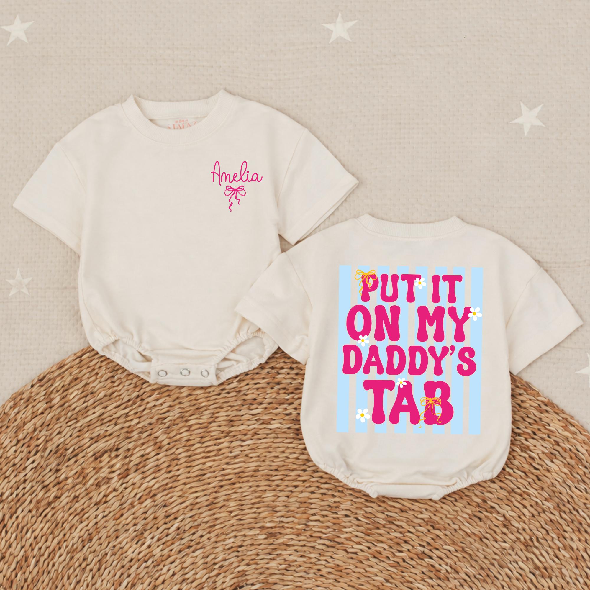 Put it on My Daddy's Tab Baby Romper with Pink Bow, Custom Name Infant Girl Clothes, Retro Striped Daisy Design Birthday Party Outfit Gift