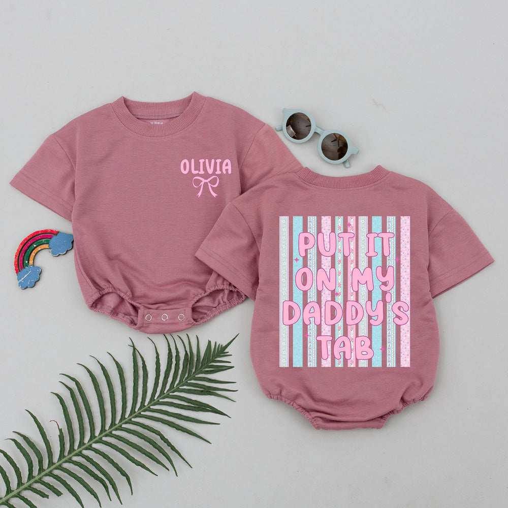 Put It On My Daddy’s Tab Personalized Baby Romper with Pink Bow Sweet Striped Design, Cute Infant Bodysuit First Father’s Day Gift